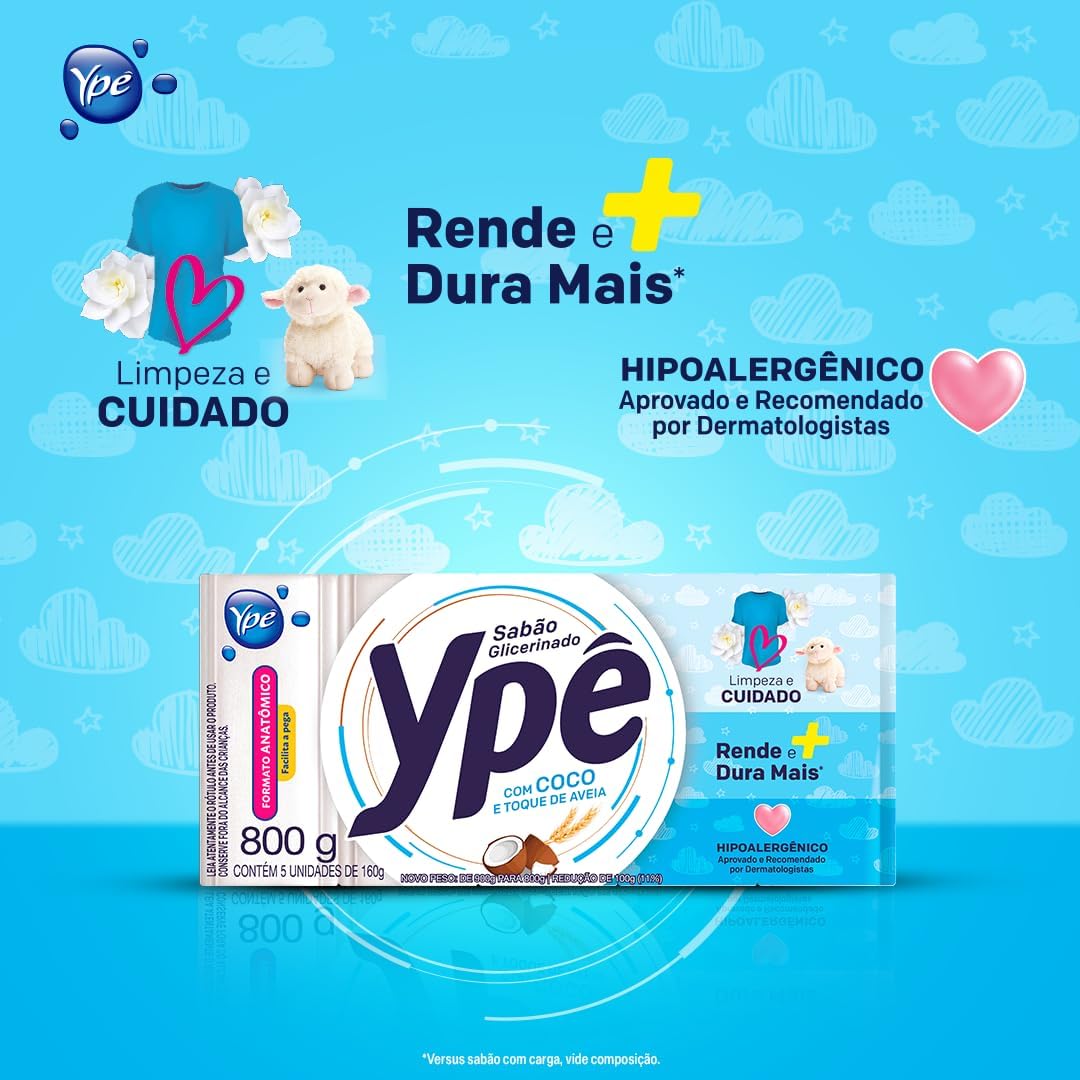 Ypê Sabão em Barra Coco e Aveia 900g - 5 unidades de 160g