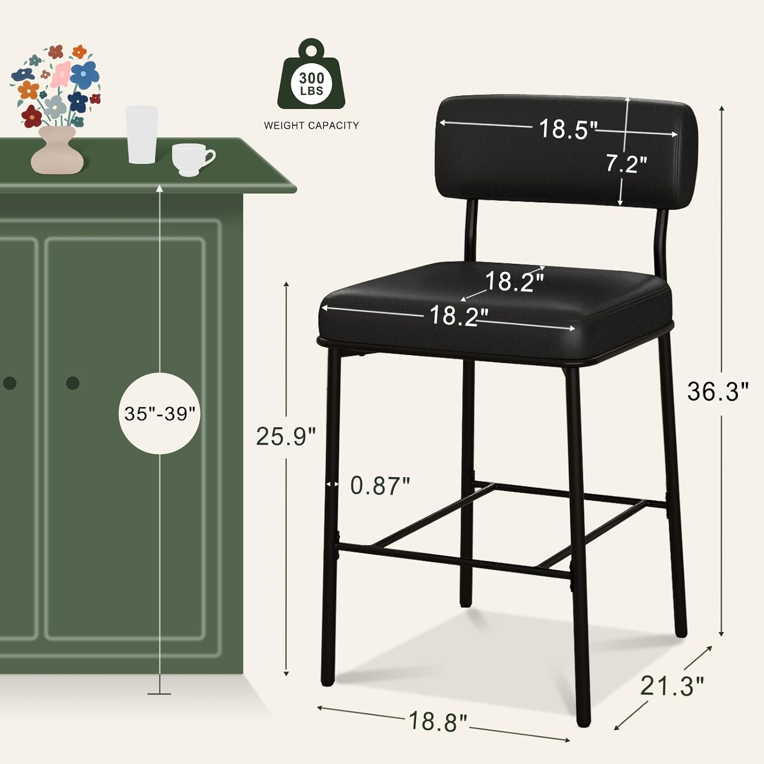 SAECKBERG 26" Counter Height Bar Stools Set of 3, Upholstered Barstools with Backs, Black Faux Leather, Metal Bar Height Chairs, Mid Century Modern Counter Stools for Kitchen Island