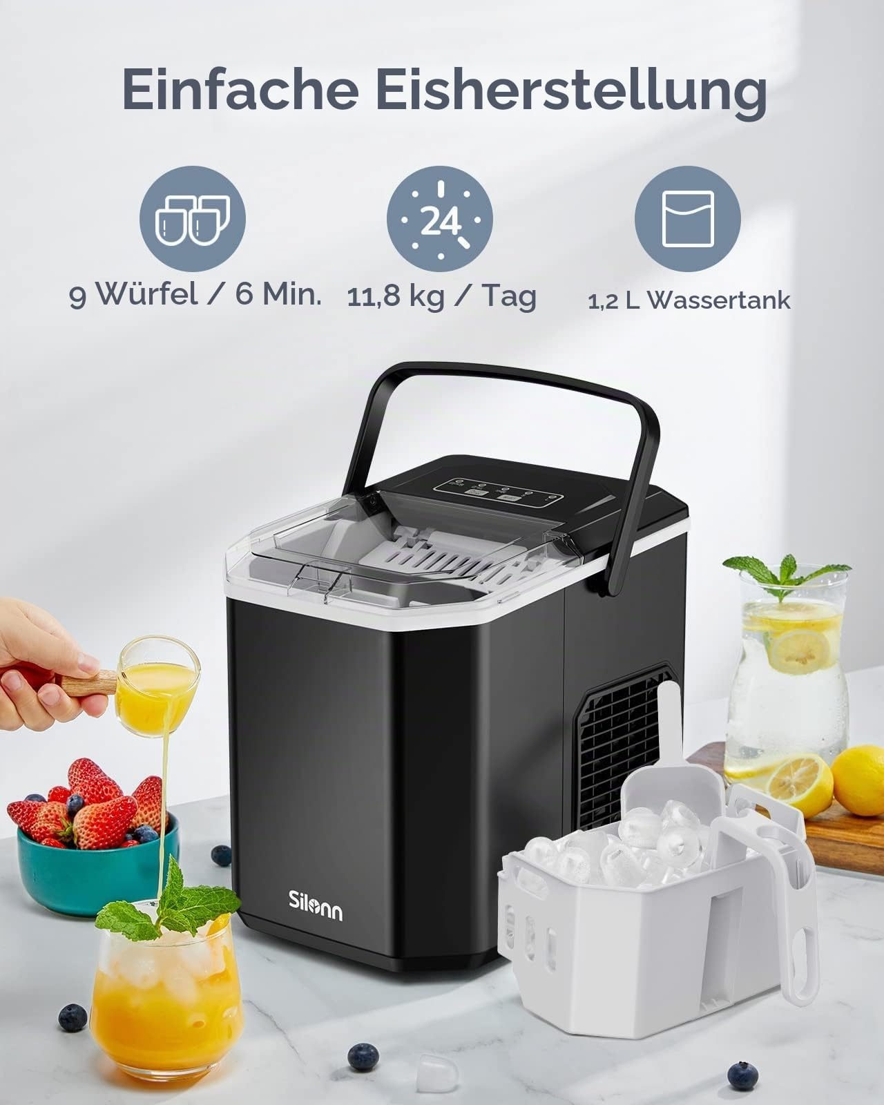 Silonn Eiswürfelmaschine mit Griff-Eiswürfelkorb – Tragbar & Selbstreinigend, Mini Ice Maker 9 Eiswürfel/6 Min. 12 KG/Tag, Eiswürfel einfach entnehmen und überall nutzen