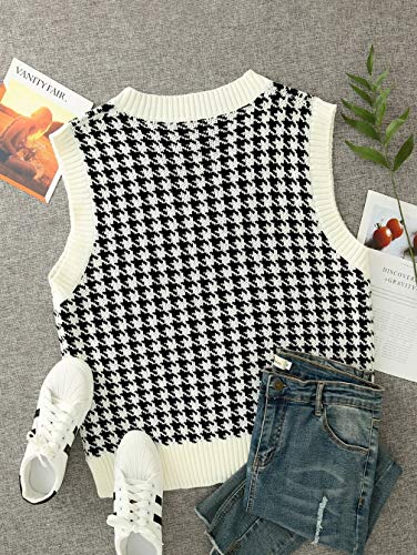 Image of WFHFNJW Women Houndstooth Pattern Knit Sweater Vest Sleeveless Loose V-Neck 90s Waistcoat Pullover Knitwear Top