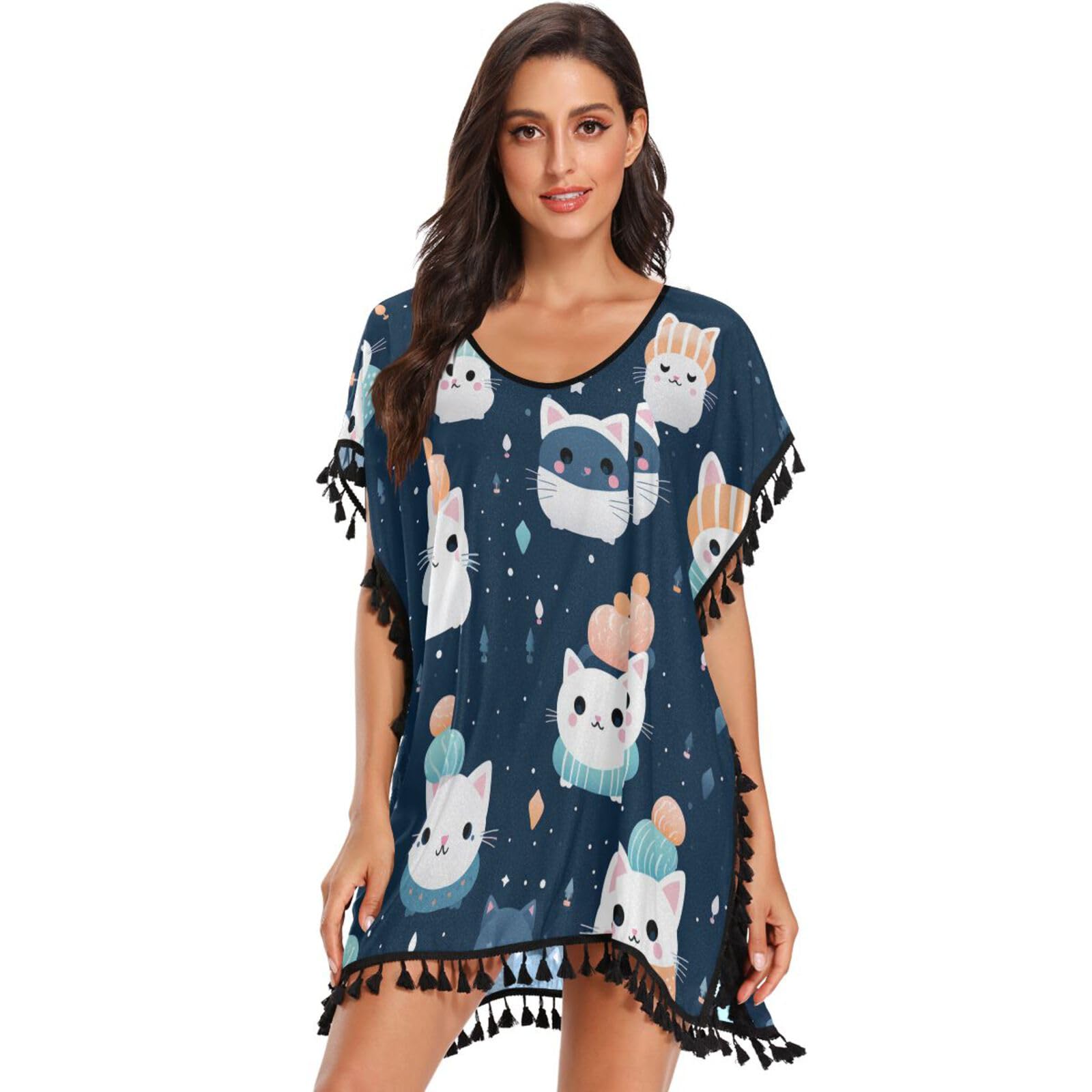 Blue Snow Cute Cat Kitty Women's Beach Cover Up Chiffon Tassel Swimwear Swimsuit Coverups for Girl