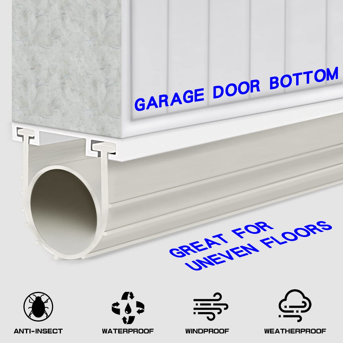 Garage Door Seals Bottom Rubber Weather Stripping Kit Seal Strip Replacement,Universal Weatherproof Threshold Buffering Sealing Rubber 5/16" T Ends, 3 3/4" Width (16 Ft, White)