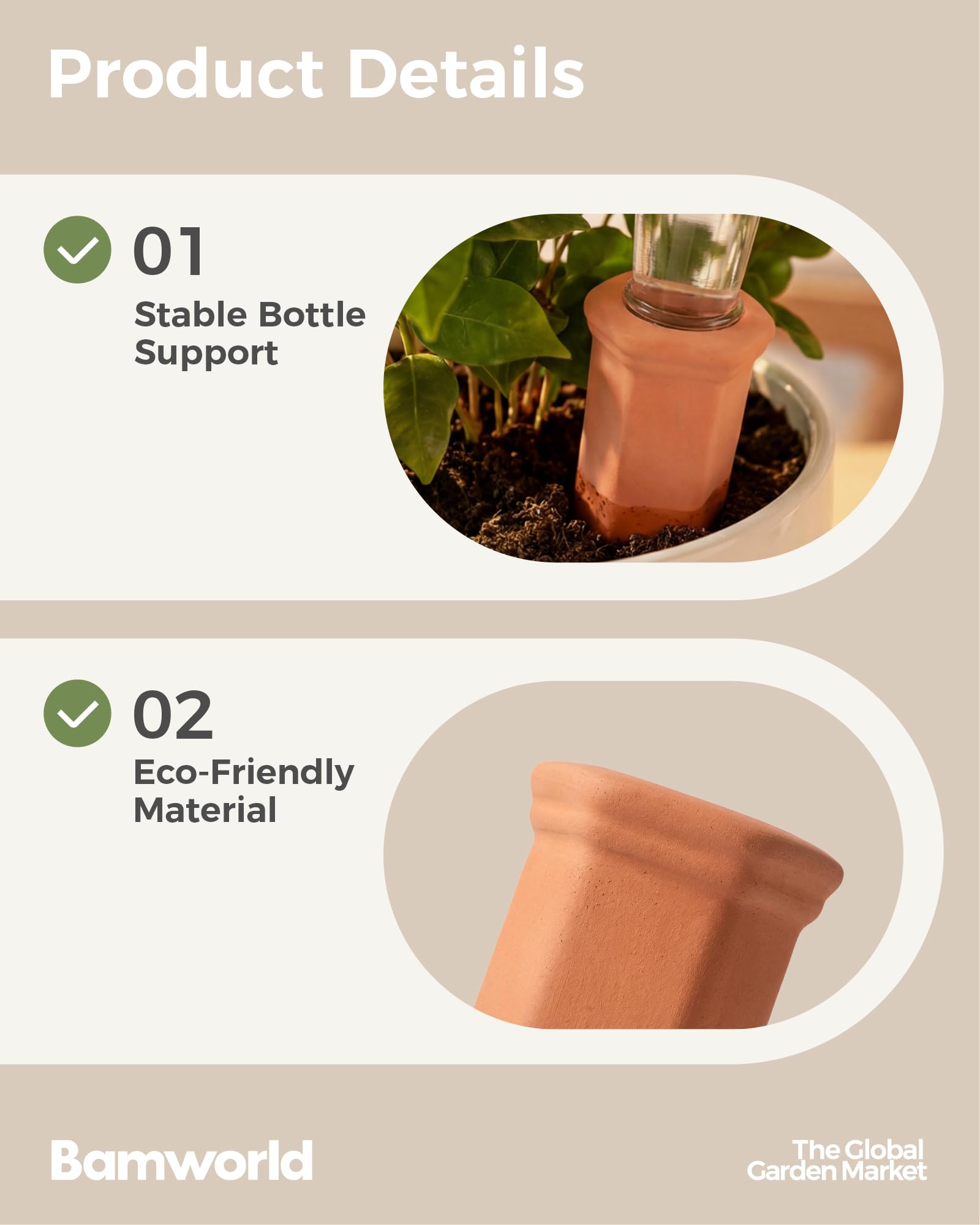 Bamworld Ollas d'Arrosage 6 Pièces Cônes d'Irrigation en Terre Cuite, Système Autonome Goutte à Goutte pour Plantes, Arrosage Automatique pour Vacances Jardin Intérieur et Extérieur