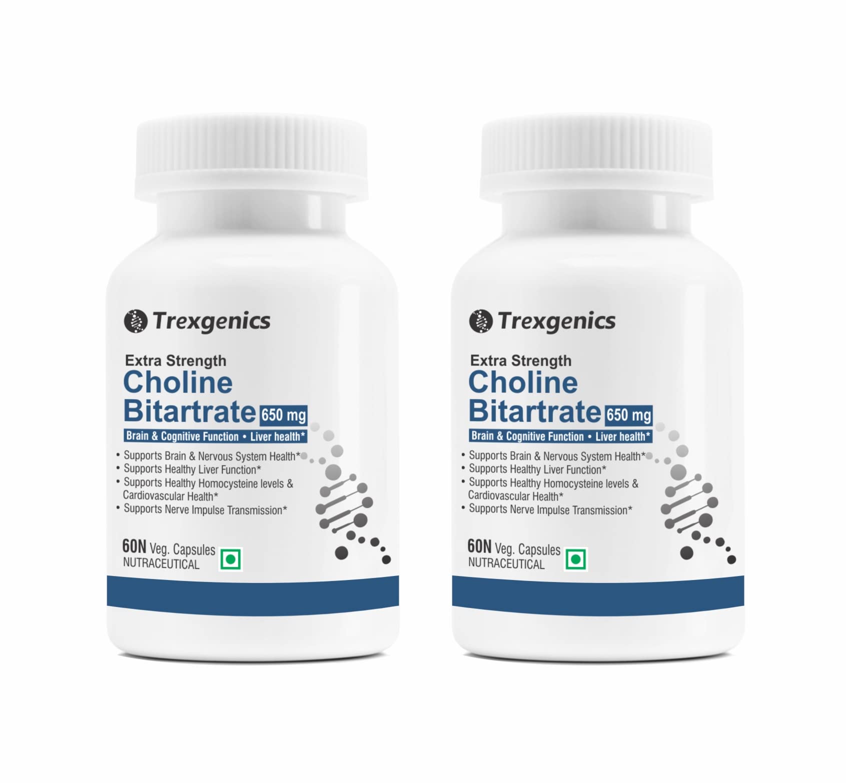 Trexgenics CHOLINE BITARTRATE 650 mg Cognitive Function, Fat Metabolism, Brain & Nervous System Health Support VEGAN & NON-GMO (60 Veg. Capsules) (Pack of 2)