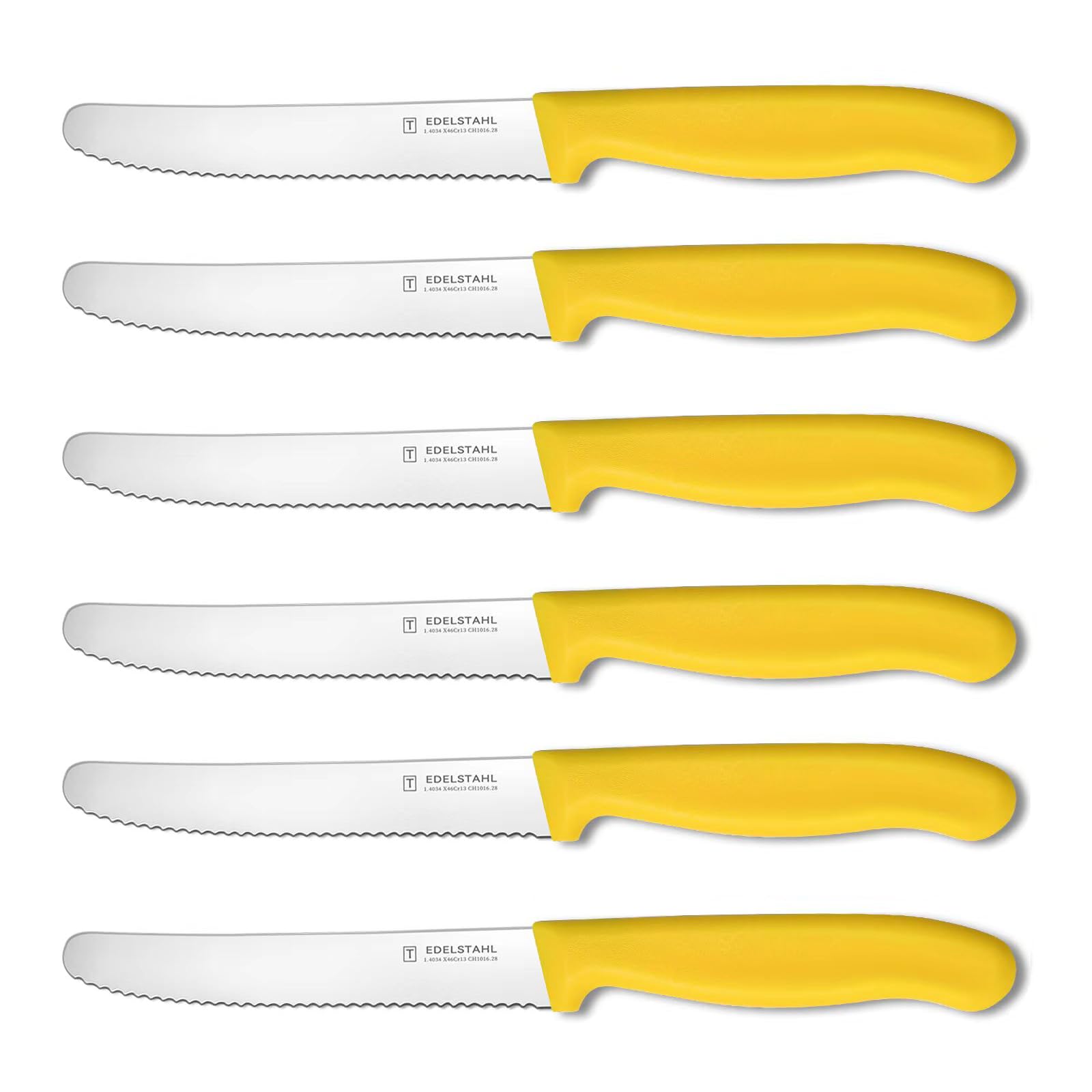 targzier Profi Tomatenmesser,Brotzeitmesser,6-teilig Tafelmesser Set,Scharfe Klinge Frühstücksmesser,Brotmesser mit Wellenschliff,22.4 cm,Rostfreier Stahl Messer,Gelb