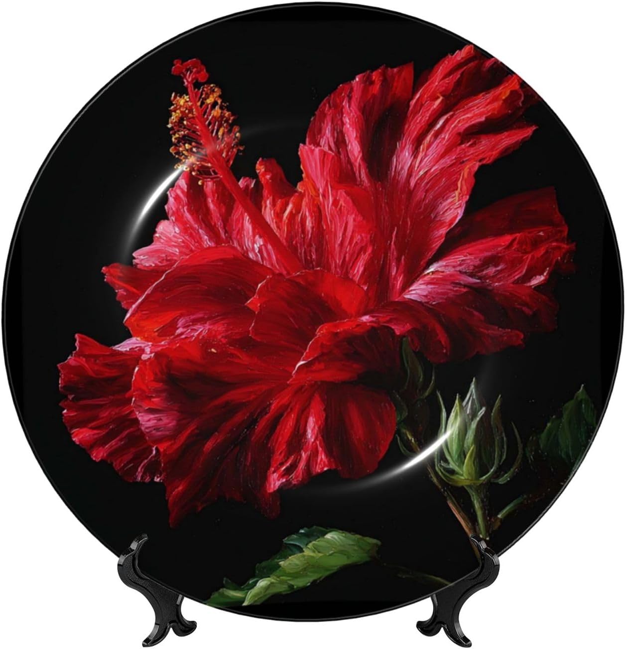 Decorative Plate 10in Dessert Plate Ornament Ceramic Plates with Display Red Hibiscus Bone China Decorative Plat Stand Hanging Porcelain Plate for Home Wall Decor
