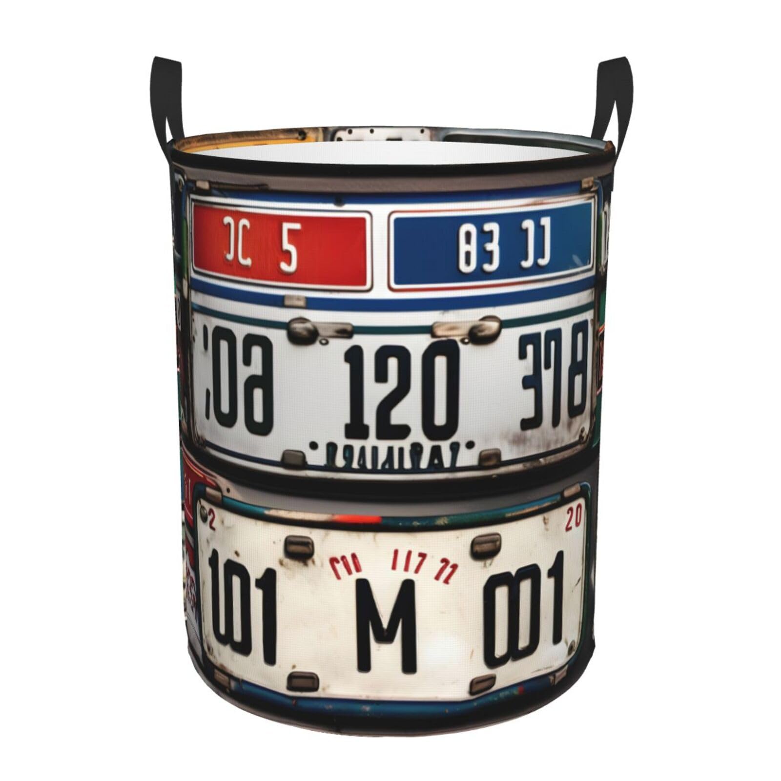 M Collapsible Round Old License Plate Print Laundry Hamper