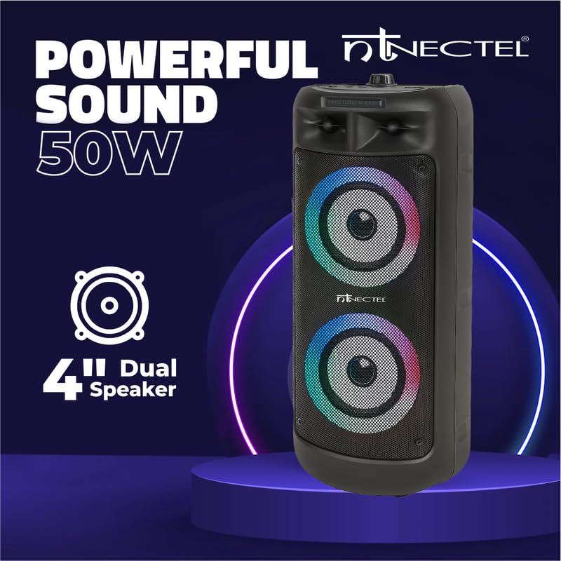 Image of 50W Portable Multimedia Bluetooth Speaker with Dual 4 inch Drivers, RGB Lights, Mic Input, USB /TF /FM /AUX, TWS, Remote, Built‑in Rechargeable Battery for Party use (3H Playtime)