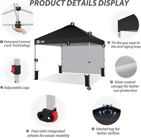 CROWN SHADES 3m x 3m Pop Up Gazebo with 1 Sidewall, Event Shelter Canopy | Heavy Duty Waterproof Gazebo, Adjustable Height Folding Tent for Garden Party Camping, UV50+ Garden Gazebo with Carry Bag
