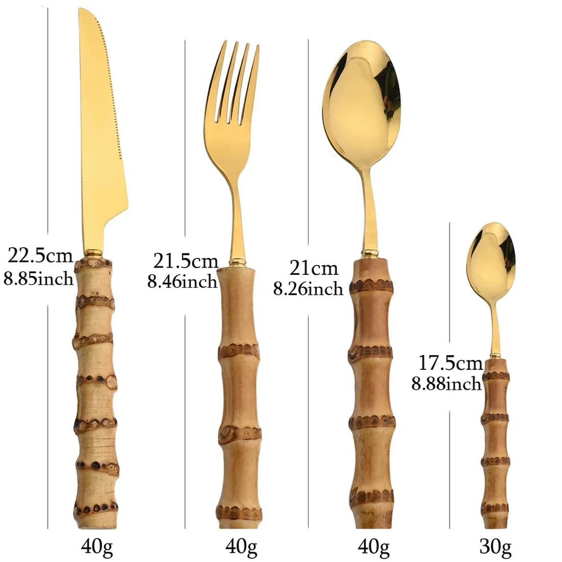 Ensemble de Couverts en Acier Inoxydable et Bambou, 24 pièces, Ensemble de Couverts avec poignée, Vaisselle, Couteau à Steak, Couverts