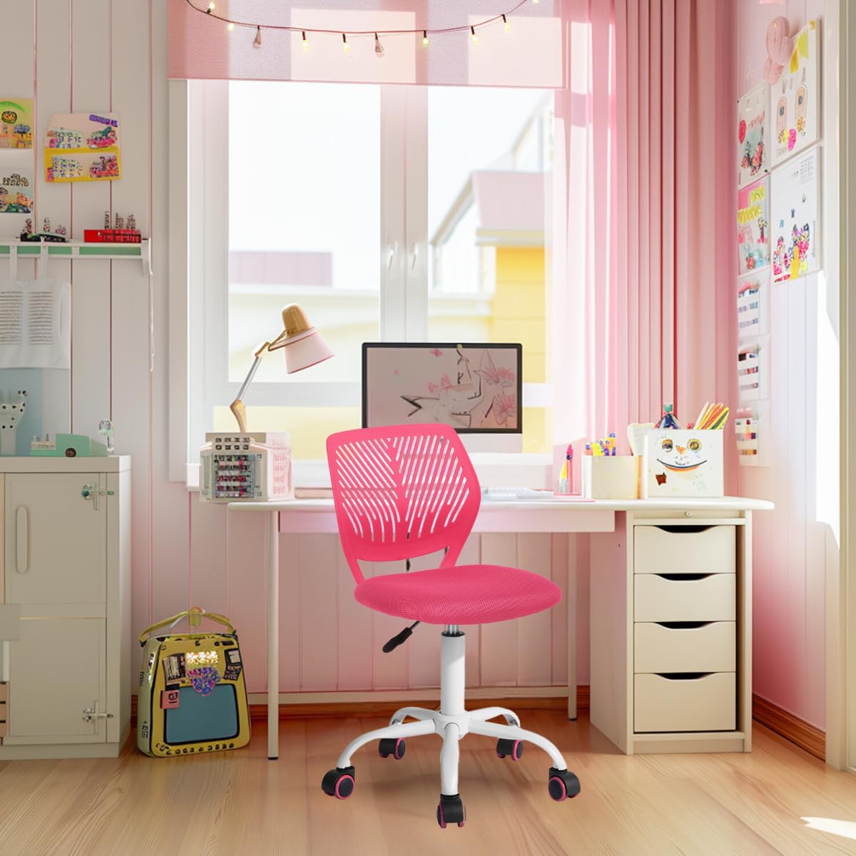 FurnitureR niños, diseño Moderno y Ajustable, apoyabrazos Giratorio, Silla de Oficina para jóvenes, Sala de Estudio, Rosa, Metal, 38.5CM x40CM x75-87CM