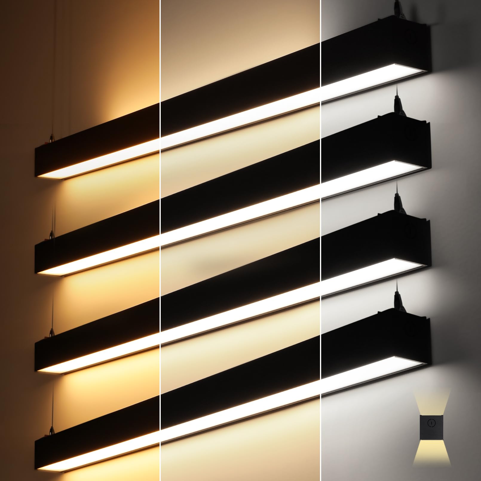 LEONLITE 4FT Linkable LED Linear Light, 40W Down and 15W Up Light, 4600LM 3/4/5000K CCT Selectable, Dimmable Up Down Commercial Linear Lighting for Office, ETL, Aluminum, Matte Black, Pack of 4