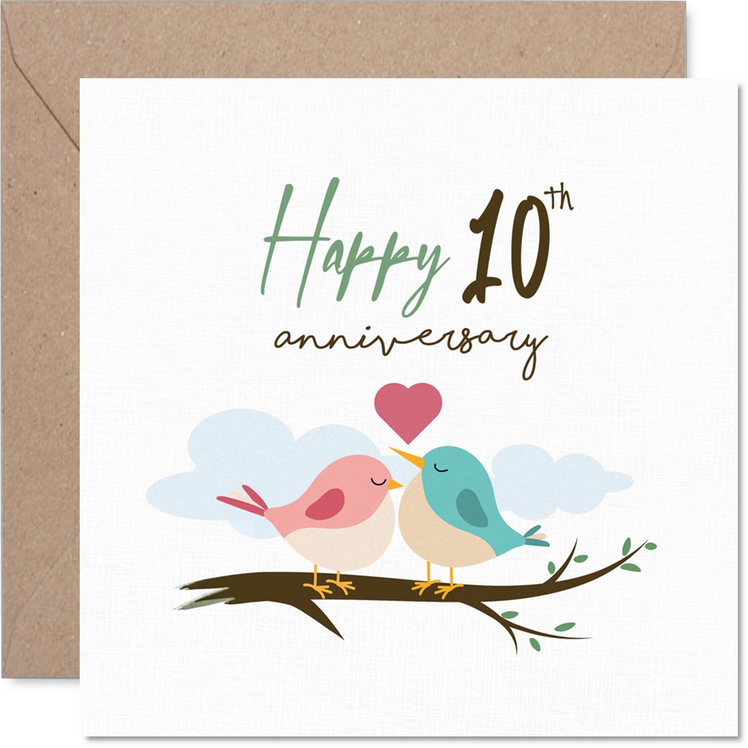 Sweet 10th Anniversary Card - Two Charming Lovebirds on a Branch - Playful Watercolour Design in Soft Pinks and Blues - 145mm Square, Envelope Included