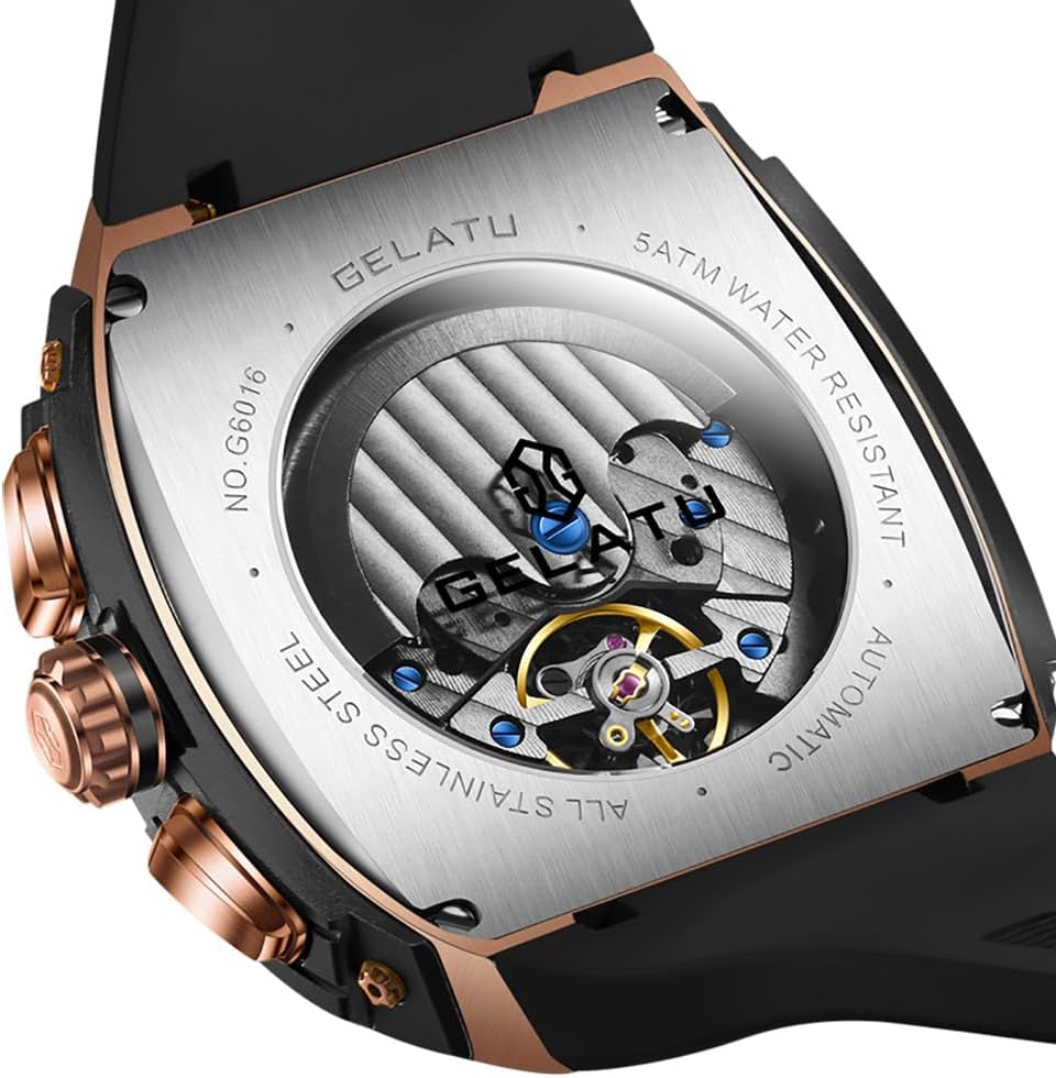OLEVS GELATU 男士自动机械酒桶形腕表，镂空设计，50米防水，蓝宝石水晶镜面，方形表盘，白色/黑色/玫瑰金