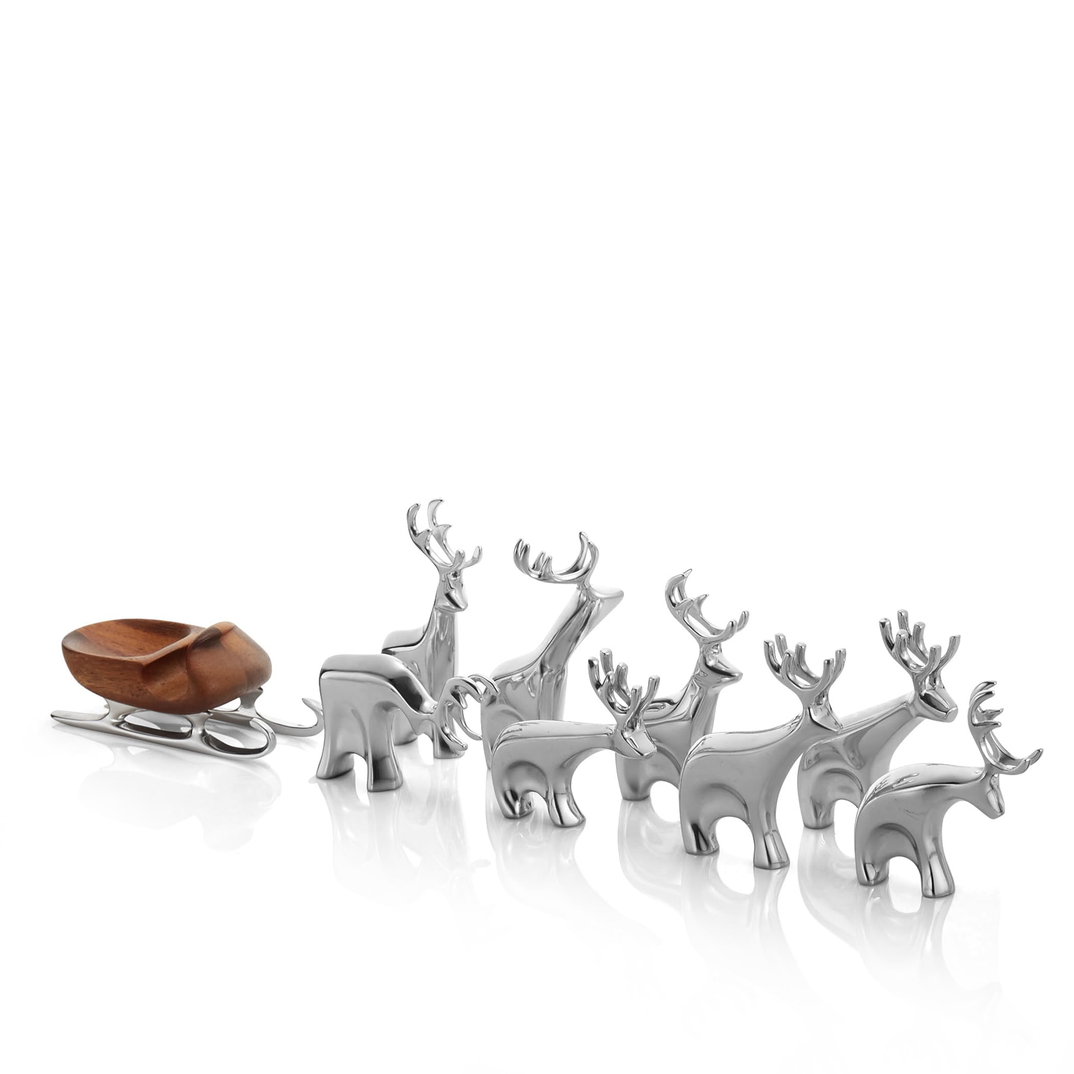 Nambé Miniature Reindeer 9-Piece Set – Holiday Collectible Décor Featuring Santa’s Sleigh with Sculpted Alloy Reindeer, Elegant Christmas Figurines for Mantel, Shelf or Tabletop Display