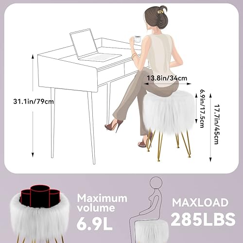 Miniatura 17 de Taburete de tocador con almacenamiento, taburete de piel sintética, asiento acolchado suave, reposapiés redondo con 4 patas de metal y pies Negro