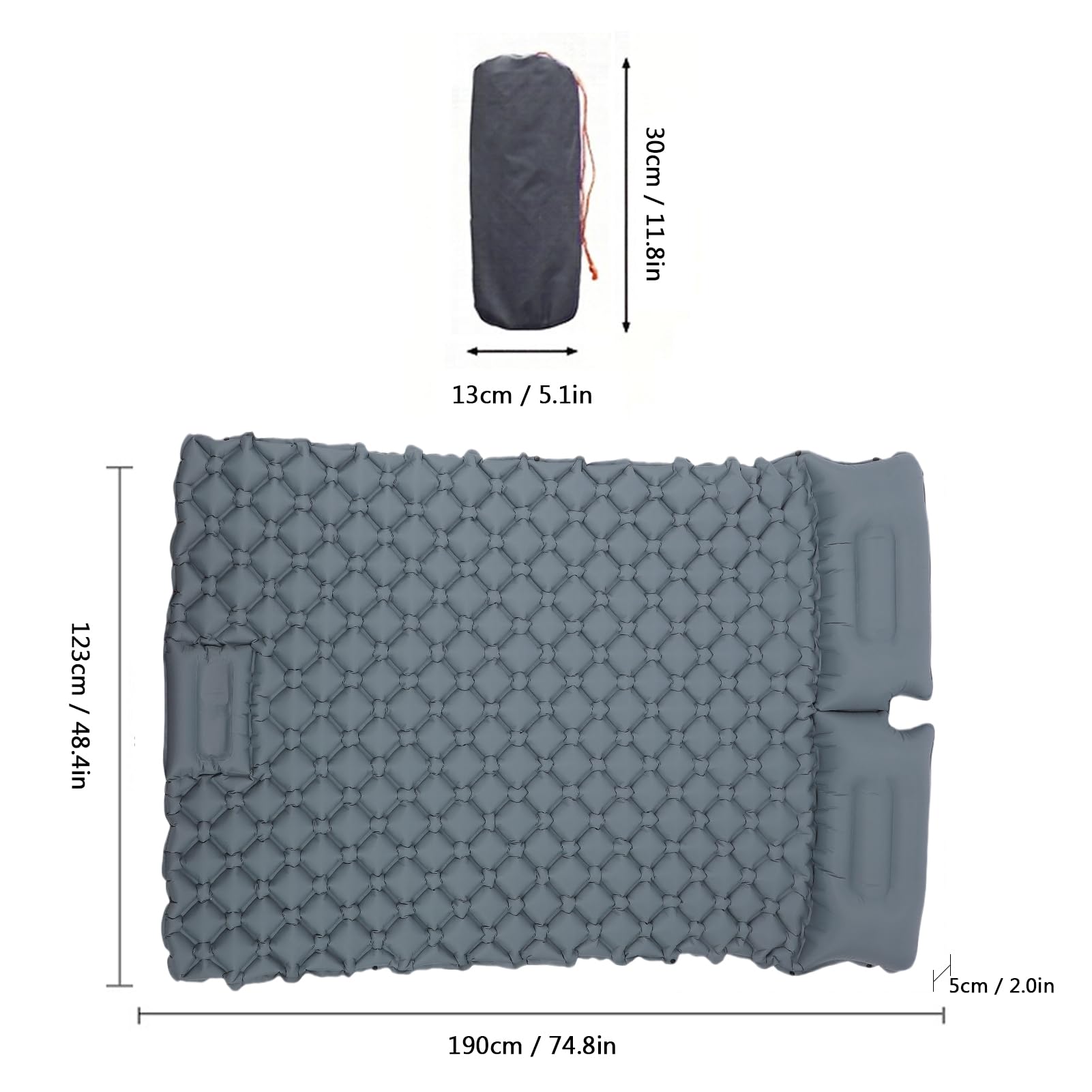 Asixxsix Podwójna Podkładka do Spania na Kemping, Ultralight TPU Samozaparada się Mata do Spania z poduszką, Wbudowana Pompa Stóp, 48,4 X 74,8 X 2,0 Cala Przenośna Materac Kempingowy do (GREY)