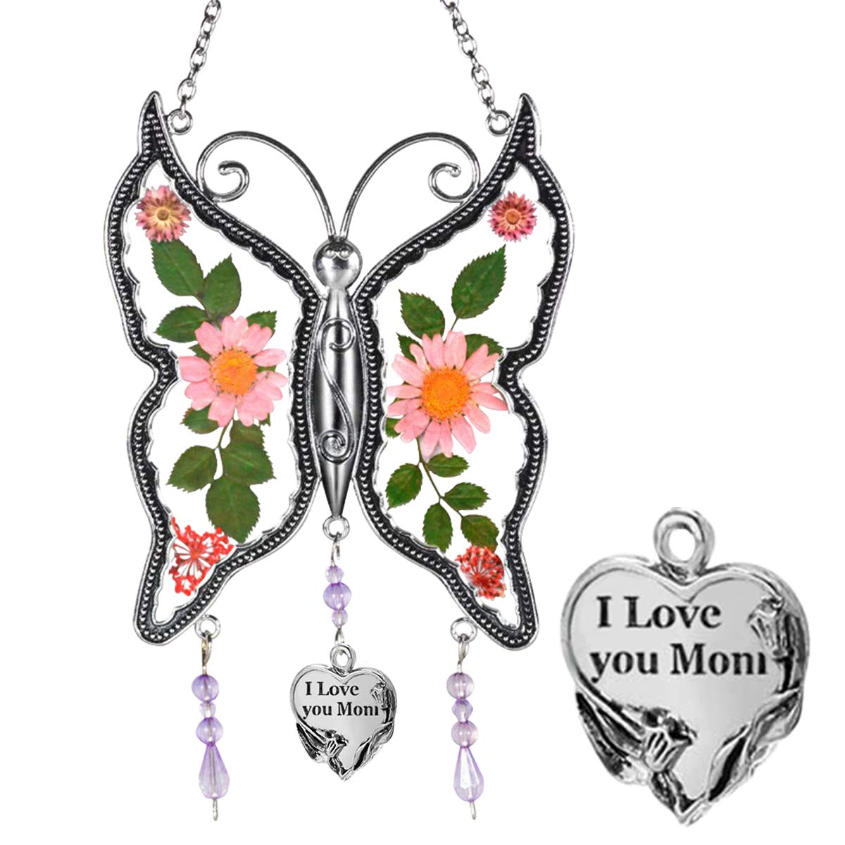 AmlionGlass Butterfly Suncatcher, Sun Catcher With Pressed Flower Wings for Windows, Gift For Mom,Mothers Day