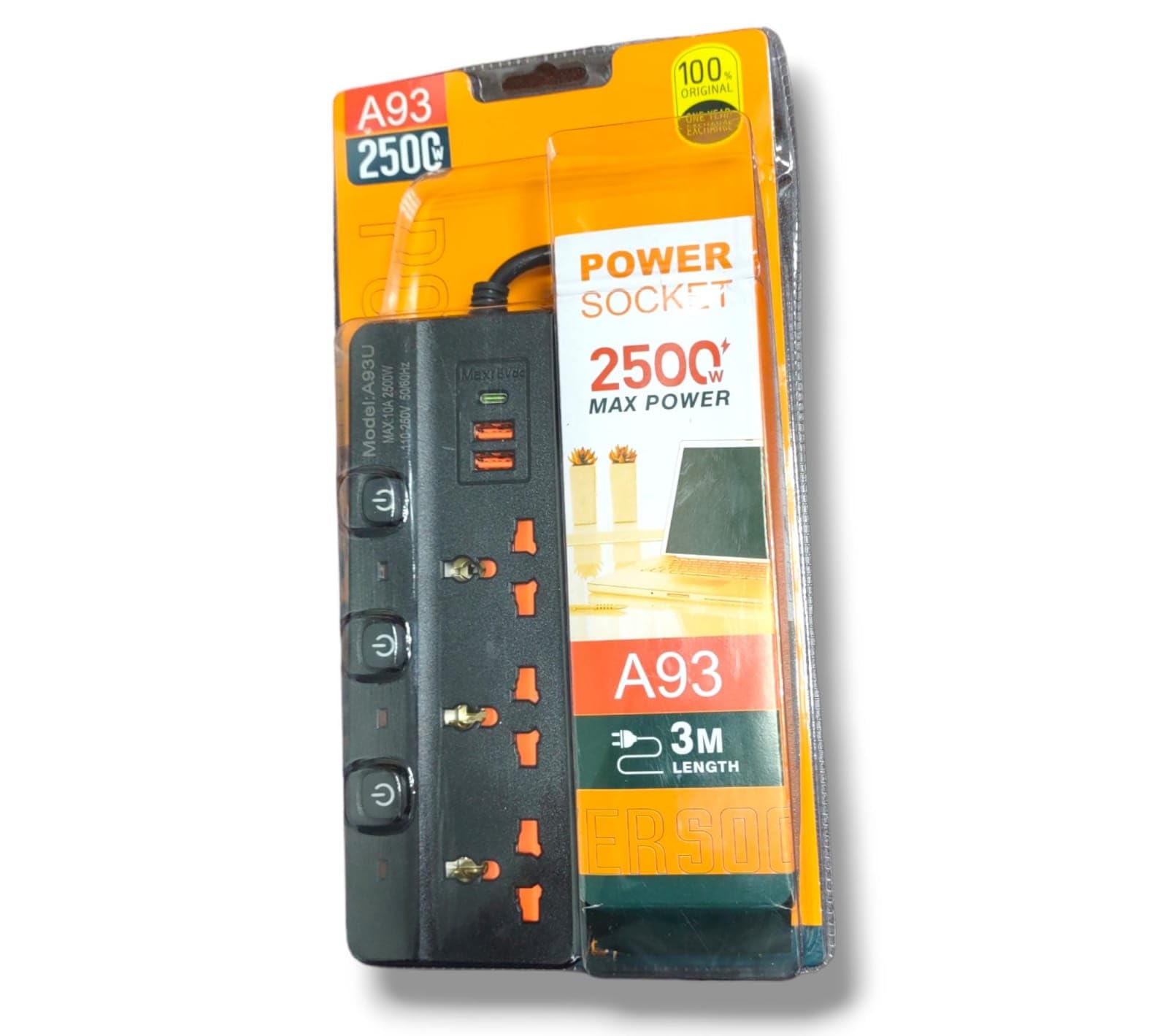 VITAL Power Strips Extension Cord 3 Outlets, Universal Plug Adapter Surge Protector with 3M Bold Extension Cord (EZ-80098-7)