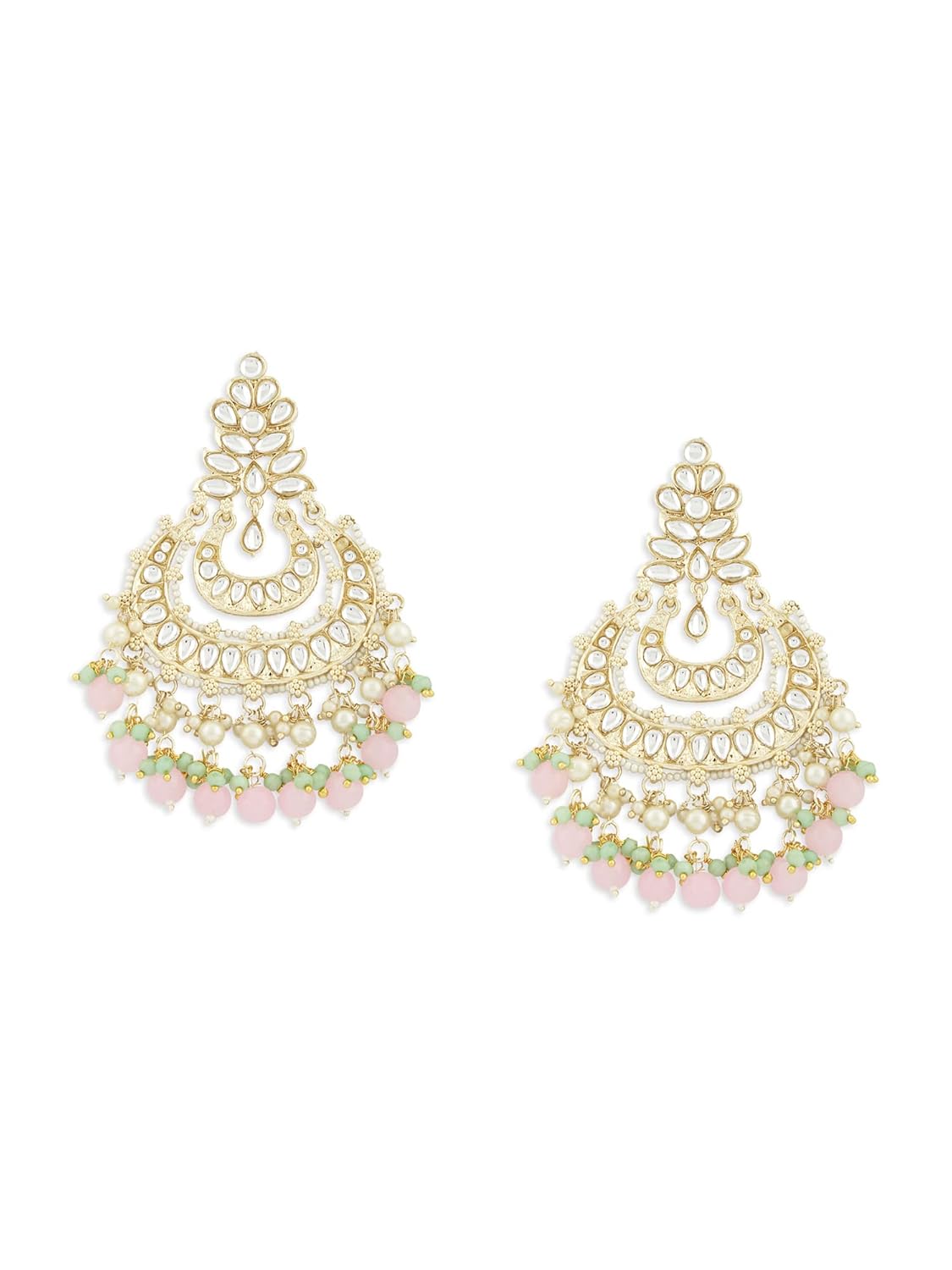 Zaveri Pearls Green & Pink Beads Kundan Crescent Dangle Earring For Women-ZPFK18789