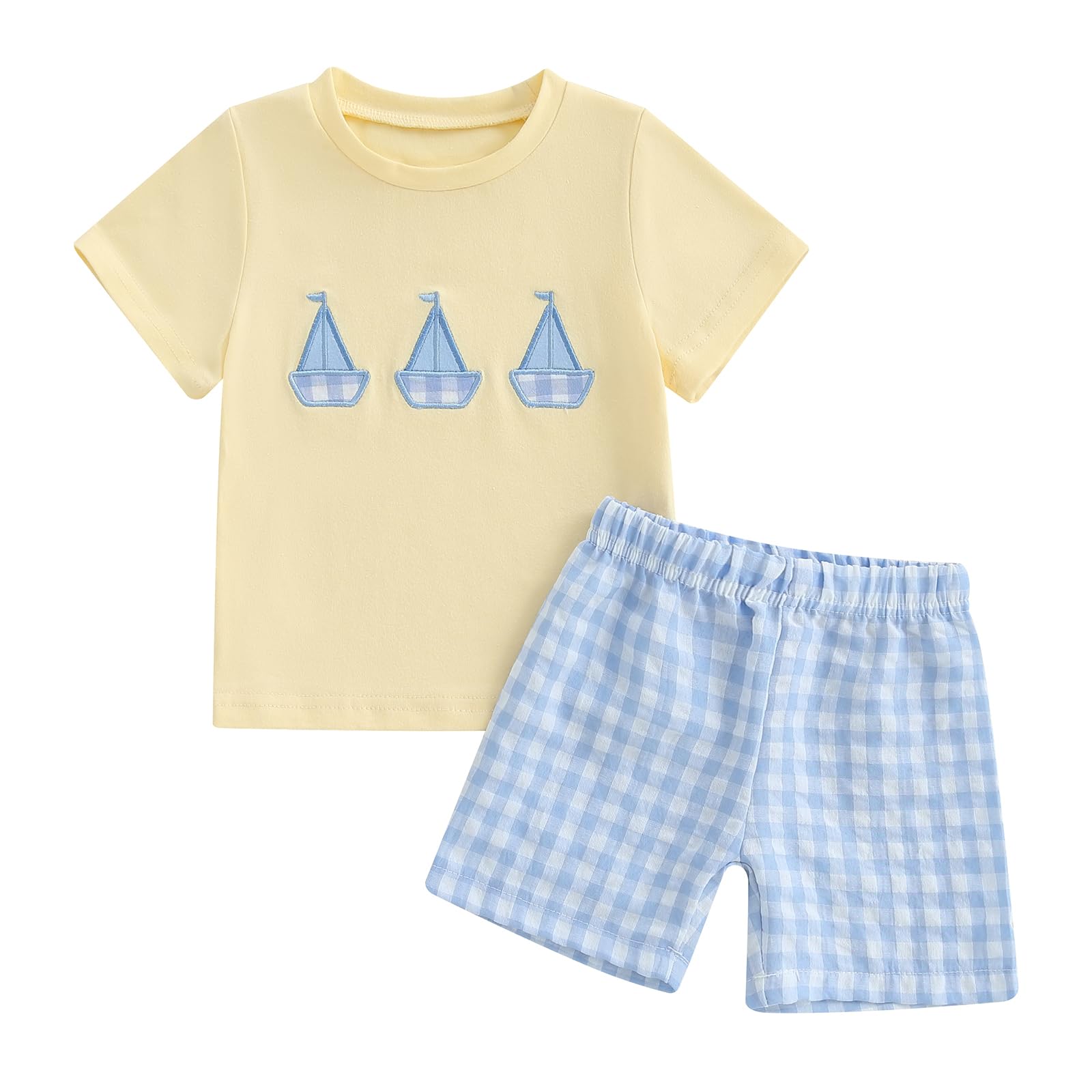 Toddler Baby Boy Sailboat Outfit Boating Sailing Embroidery Cotton T-Shirt Plaid Shorts Set Little Boy Summer Clothes (A Light Yellow, 0-6 Months)