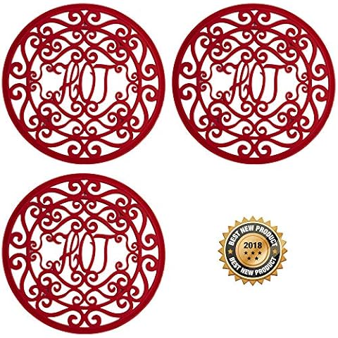 Premium Silicone Trivet for Hot Dishes, Pots & Pans - Decorative Non Slip Mat 'Hot Ironworks' Design Gives a Rustic Charm Protective Pads for Kitchen Counter Love This Kitchen (7.5 in, Set of 3, Red) Cover