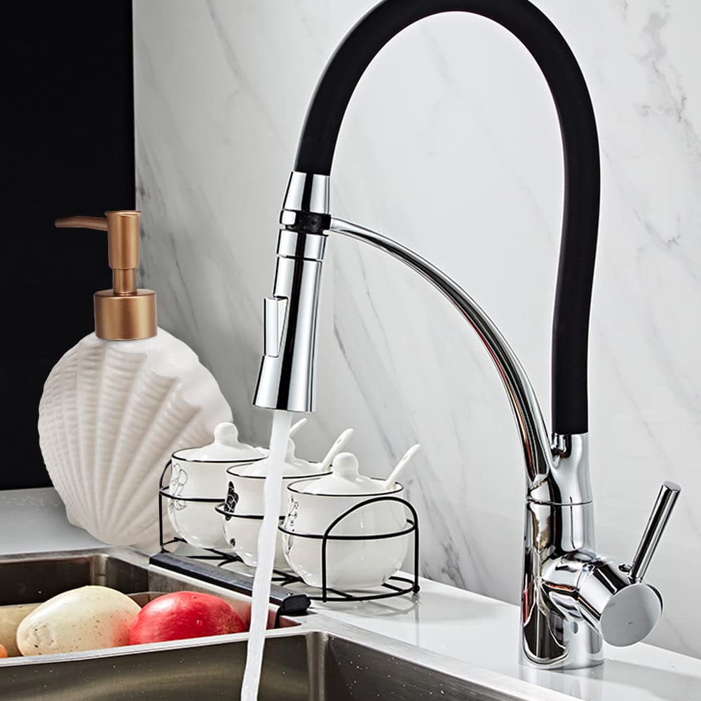 Dispensador de jabón en forma de concha, botella de loción de cerámica blanca con bomba dorada mate, decoración del hogar para baño y cocina 7