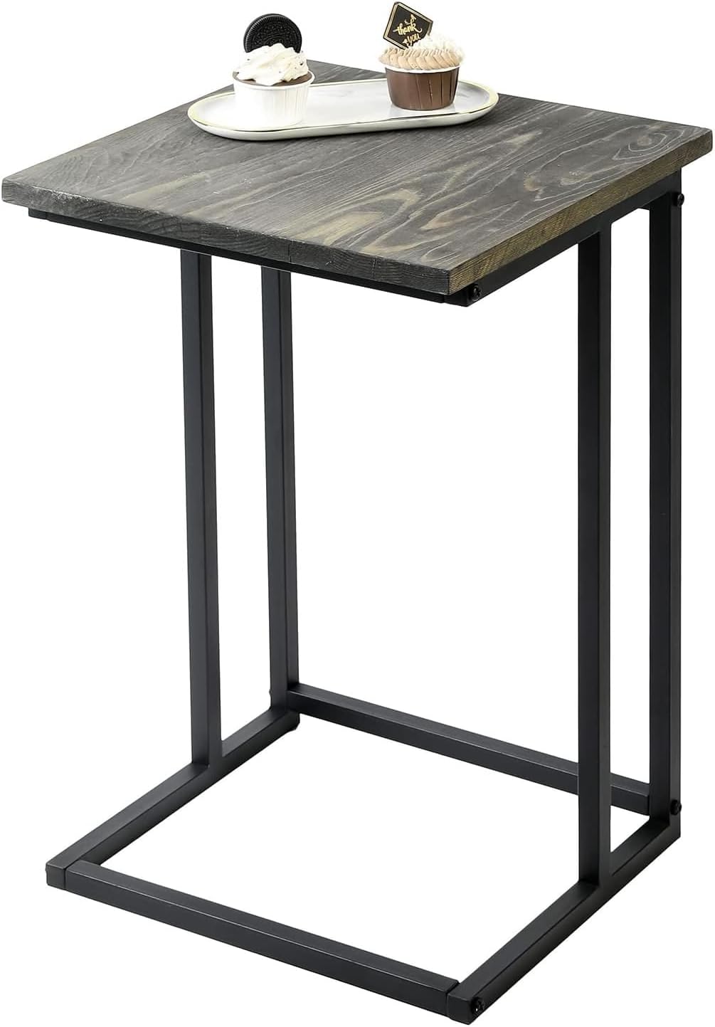 MyGift 24-Inch Vintage Gray Wood C Shaped End Table with Black Metal Frame, TV Table Slide Under Couch Table