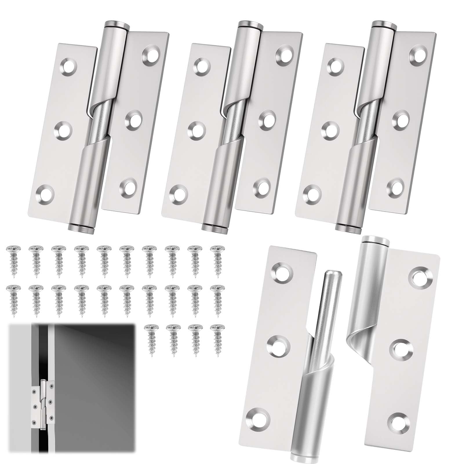 4Pcs Door Hinges 3 inch, 76mm Rising Butt Lift Off Hinge 304 Stainless Steel Self Closing Hinge with Screws for Door Case Lid Wooden Box Chest (2× Left, 2× Right)