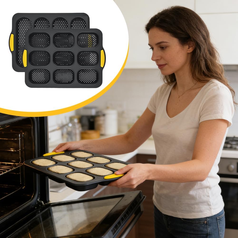 2 pcs Silicone Baguette Bread Pan Set, 4 Hole Non-Stick Long French Loaf Pan and 9 Hole Hamburger Bun Mold with Scraper Oil Brush for Homemade Baguettes Buns Sandwich Rolls Toast(COLOR:Grey)