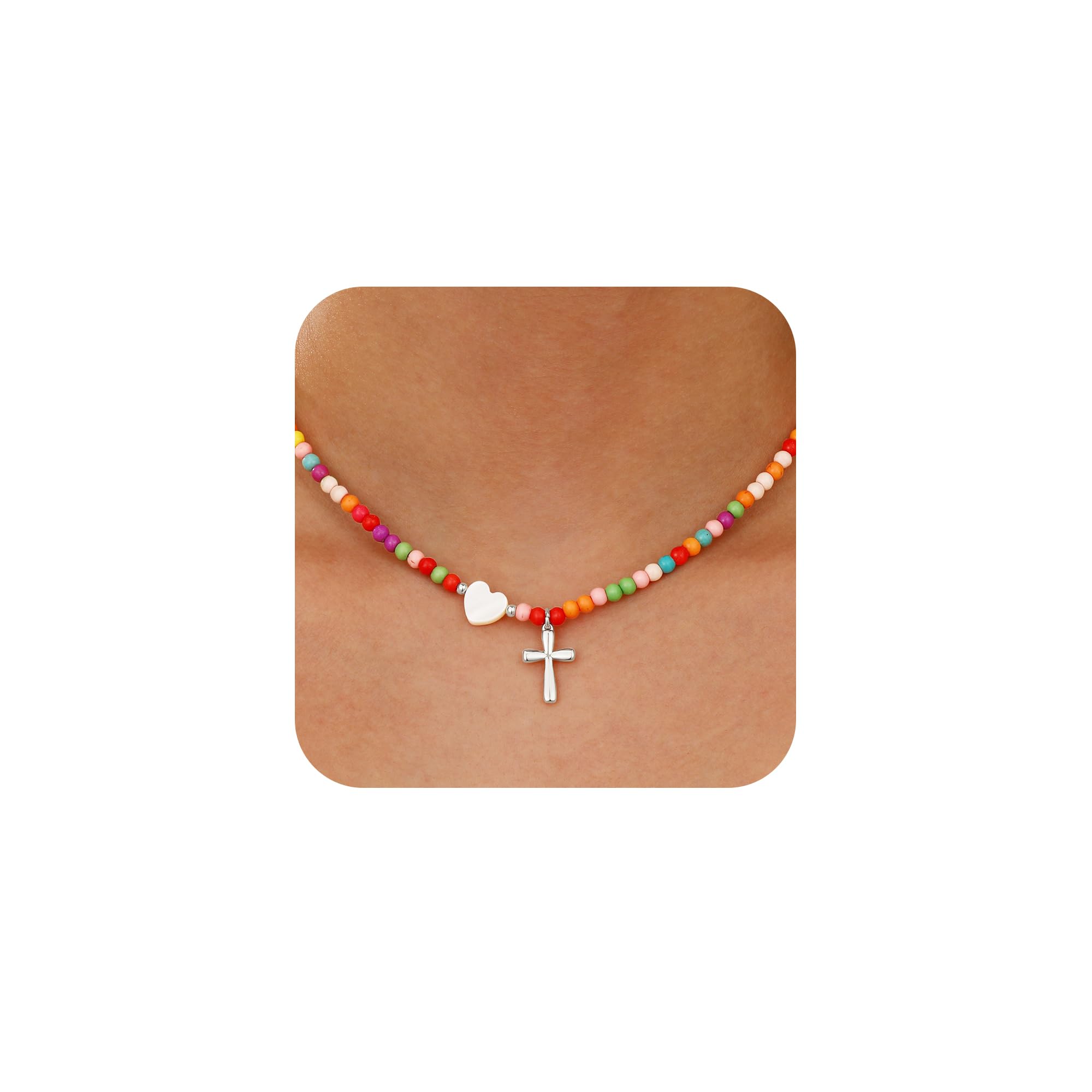 Colorful Beaded Cross Necklace for Girl Women, 18K Gold Plated Pendant Baptism Christian Religious Catholic Confirmation Jewelry Gifts for Teen Girl 15+2 Inches