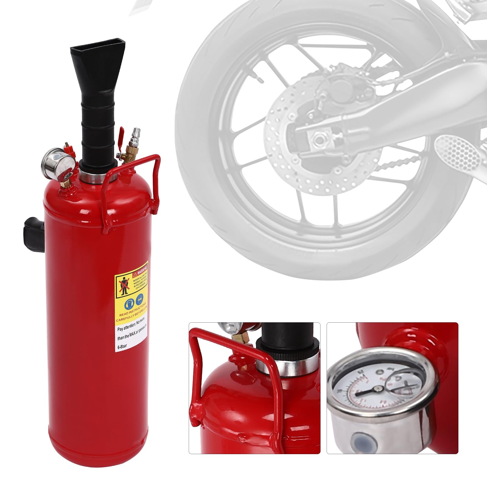 Inflador de neumáticos con medidor para motocicletas y vehículos eléctricos - Capacidad de 2 galones - Presión de trabajo 6-8 bar - Material de hierro rojo - Manómetro y asa de transporte