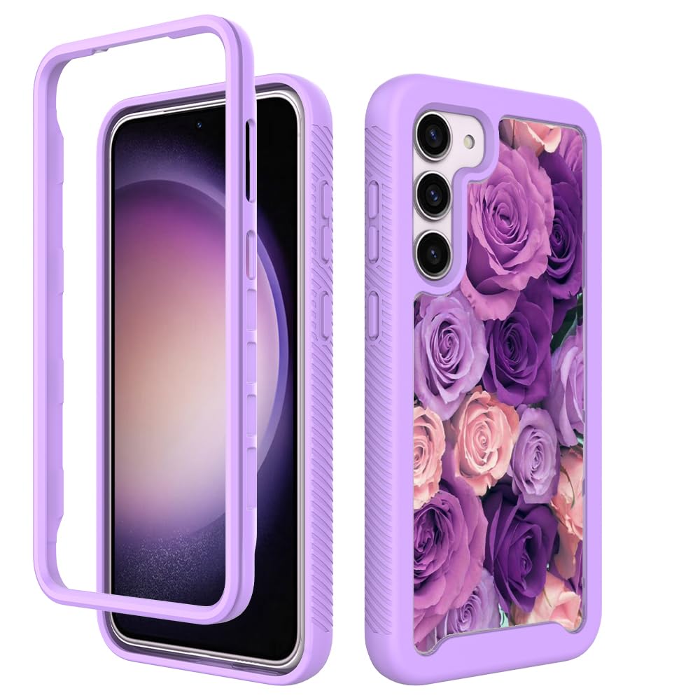 Case for Samsung Galaxy S23 Purple Roses Phone Case 6.1 Inch Samsung S23 5G Cover Heavy Duty S23 Slim Case 2 in 1 Shockproof PC+Soft Silicone Covers for Women