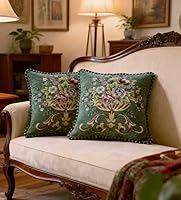 Qupace Set of 2 Vintage Green Chenille Throw Pillow Covers 18x18 - Floral Embroidered for Sofa Couch Bed Living Room Decor