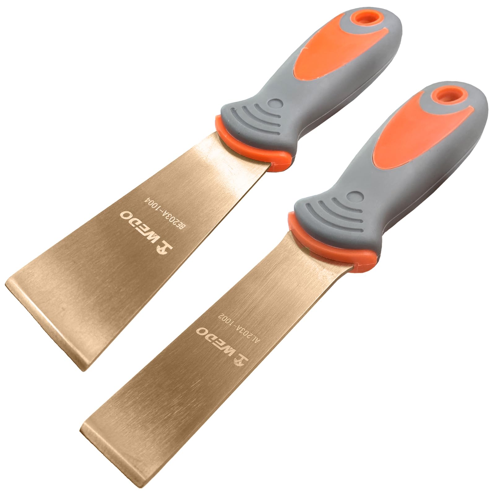 WEDO Juego de cuchillos de masilla sin chispas, 1 pulgada + 1-1/2 pulgadas con raspador de seguridad rígido sin chispas, forjado, resistente a la corrosión, cobre berilio, estándar DIN, certificado