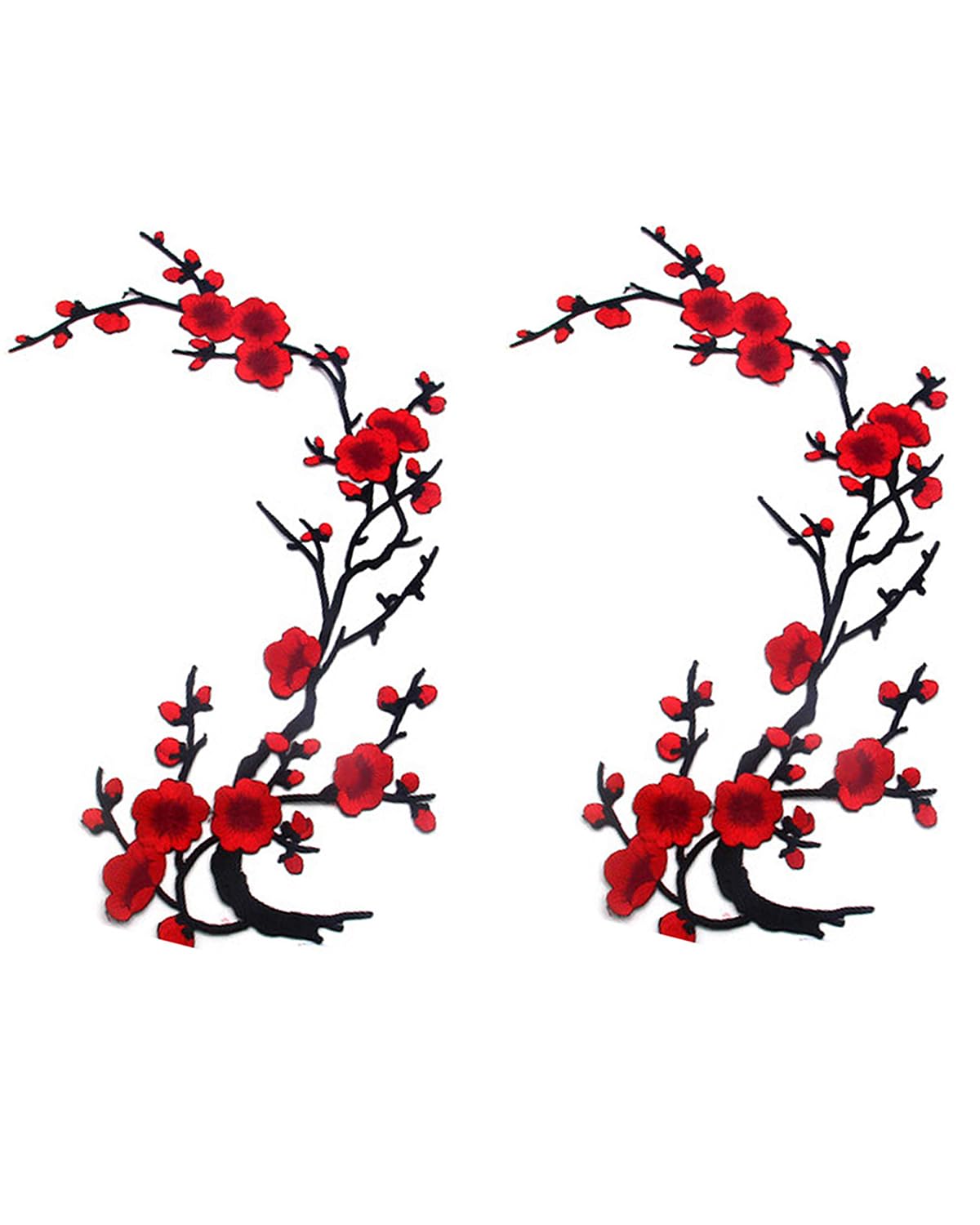 ZENG Oversized Plum Blossom Embroidery Patches (2PCS) - 15.35"x5.9" Iron-On/Sew-On Floral Appliqué for Denim, Hats, DIY Clothing Repair - Red-Black