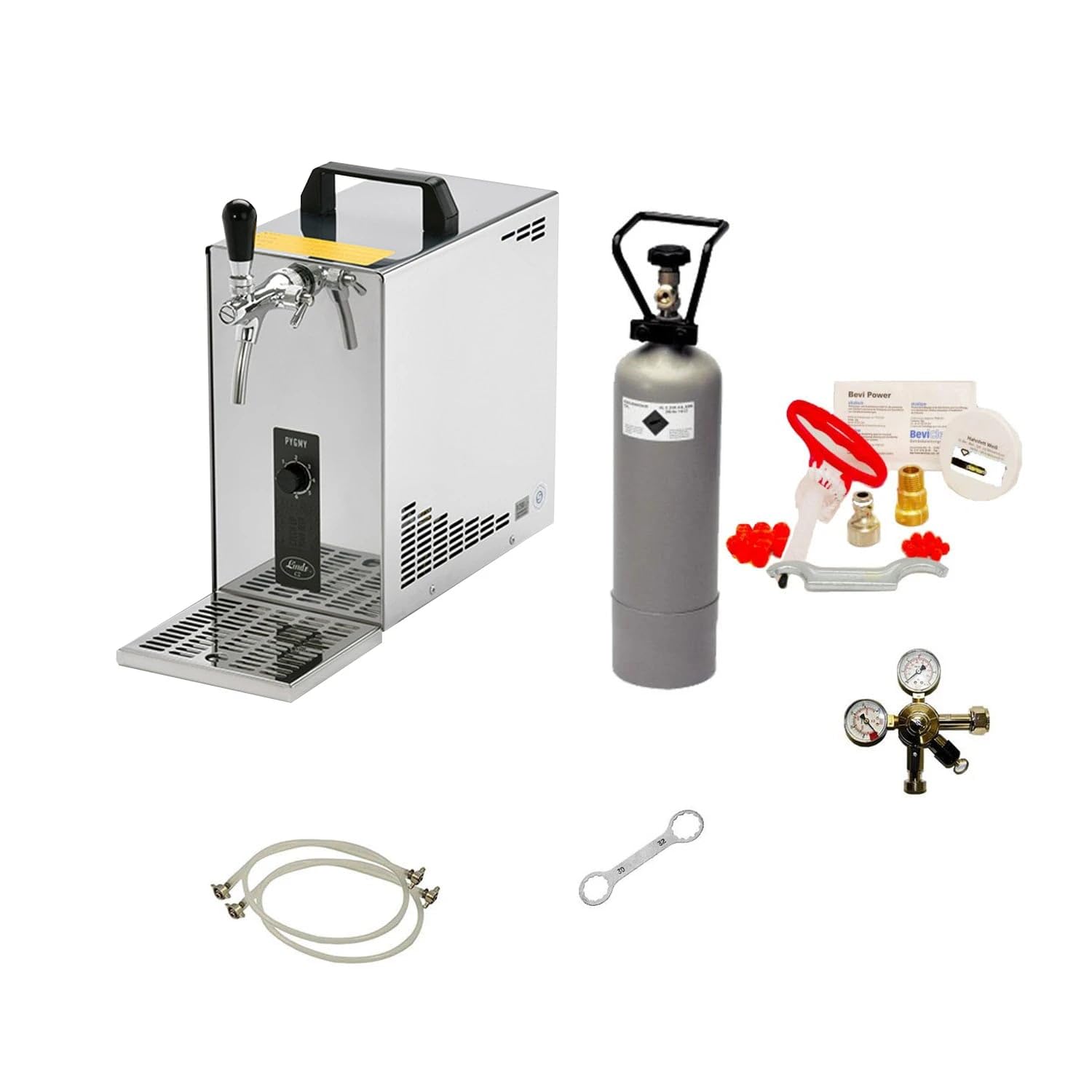 Komplett Set - Zapfanlage, Bierzapfanlage, Bierkoffer, Durchlaufkühler PYGMY 25 1-leitig Trockenkühler, 30 Liter/h, Reinigungsset für Zapfanlage und Keg