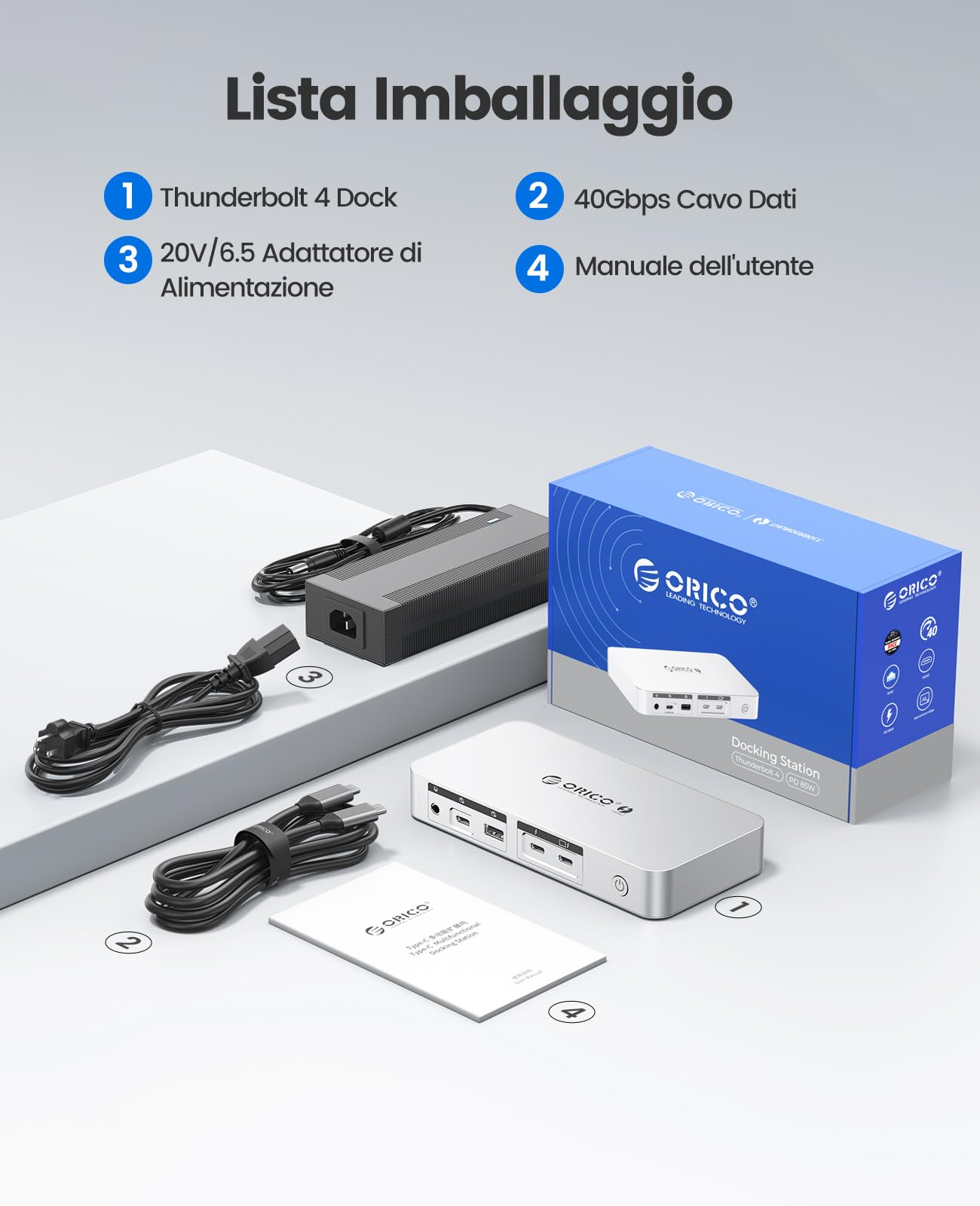 ORICO Thunderbolt 4 Dock 12 in 1 40 Gbps, 85 W + 15 W PD ricarica, doppia 4K/singola 8K, 4 USB, Gigabit Ethernet, SD/TF, AUX, certificato Thunderbolt per M4 MacBook Air & Pro