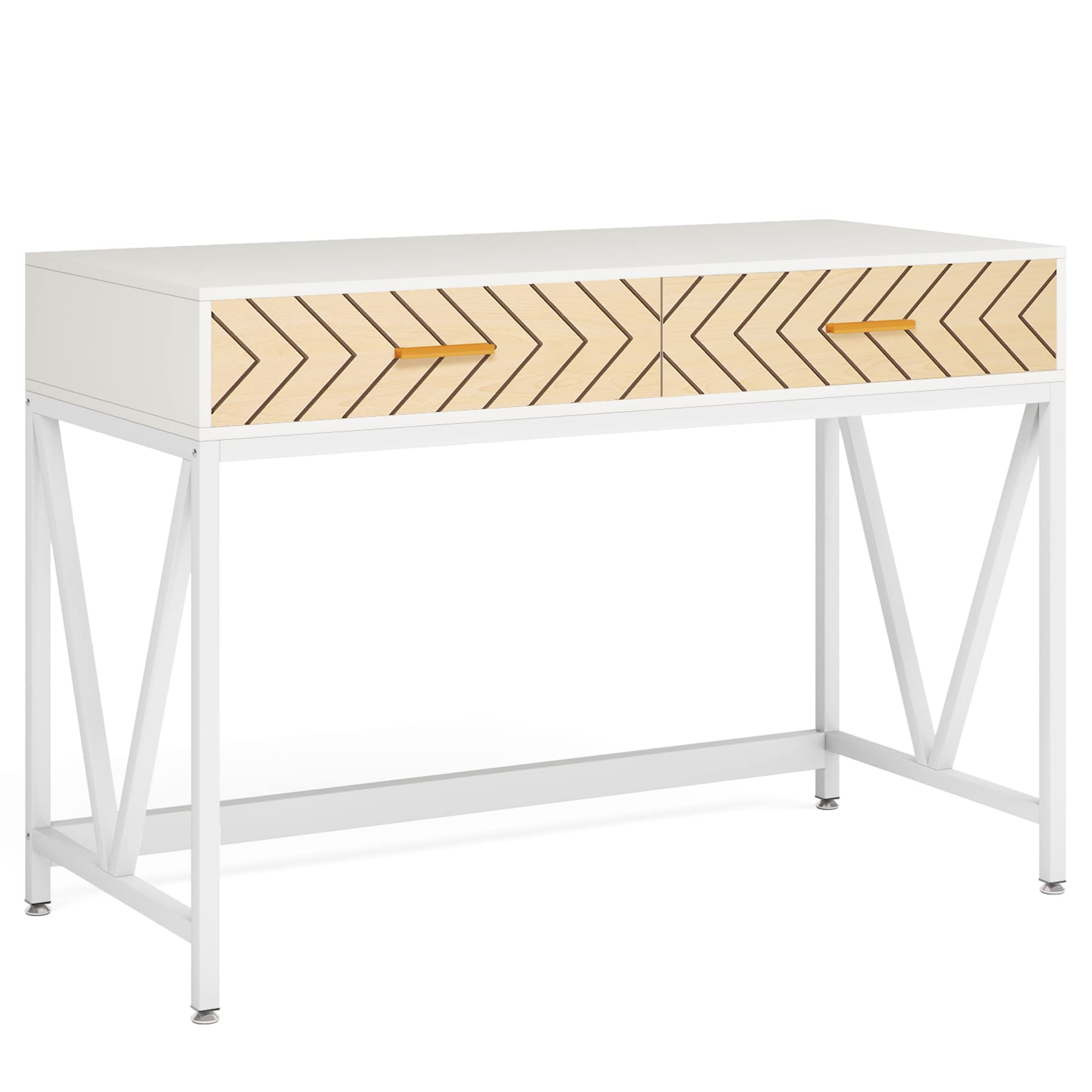 LITTLE TREE Computer Desk with 2 Drawers, 47 Inches Modern Writing Desk Laptop Table for Home Office, Bedroom, Living Room,White Brown