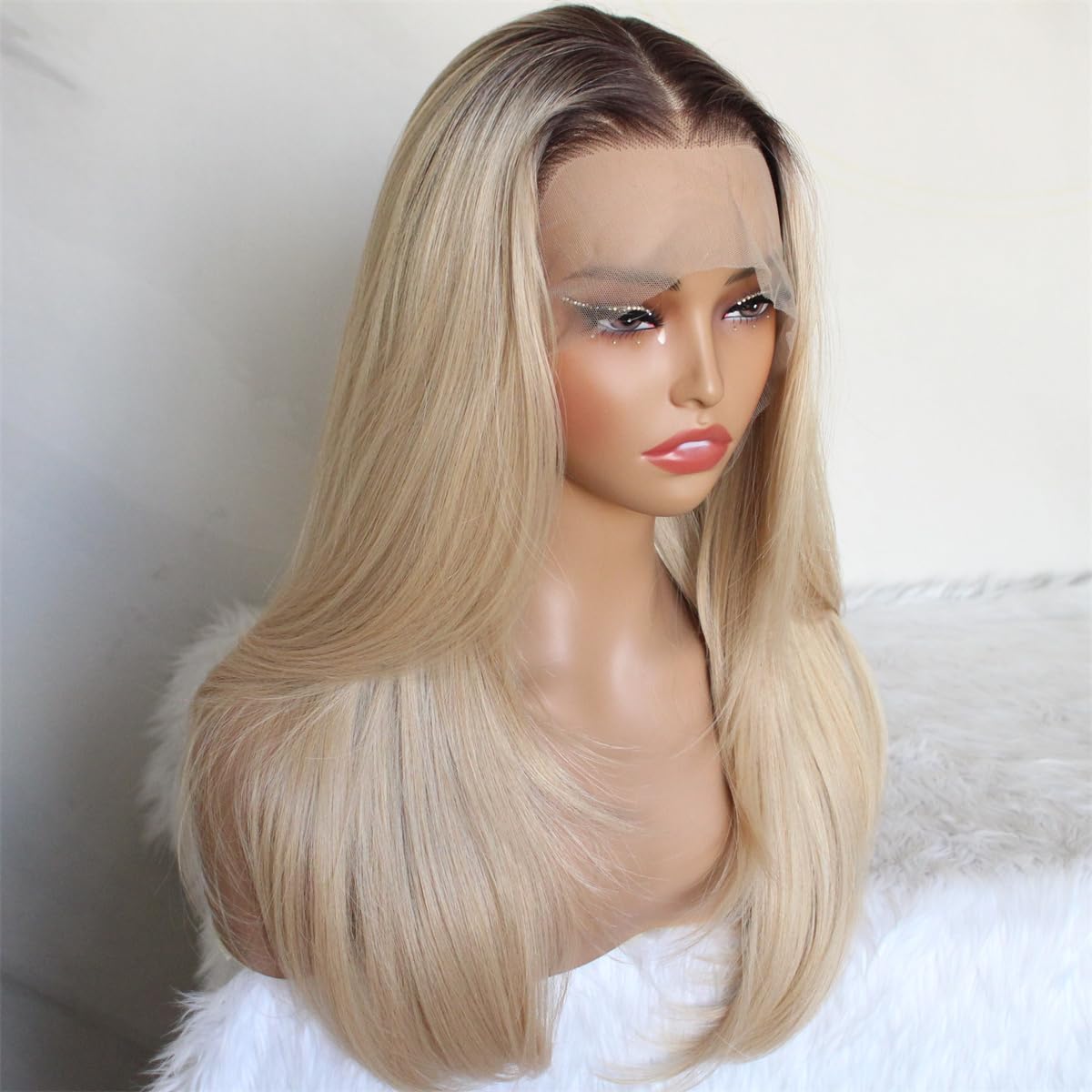 13x6 Wear and Go Ombre Blonde Wig Lace Front Wig with Brown Root Pre Plucked Glueless for Beginner Layered Straight Natural Looking Wig for Women 20 Inch