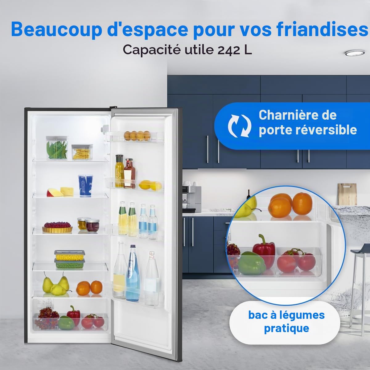 Bomann Réfrigérateur 242 L Pose Libre Éclairage LED VS 7363, Noir | réfrigérateur pose libre, éclairage LED, clayettes en verre, contrôle de la température en continu