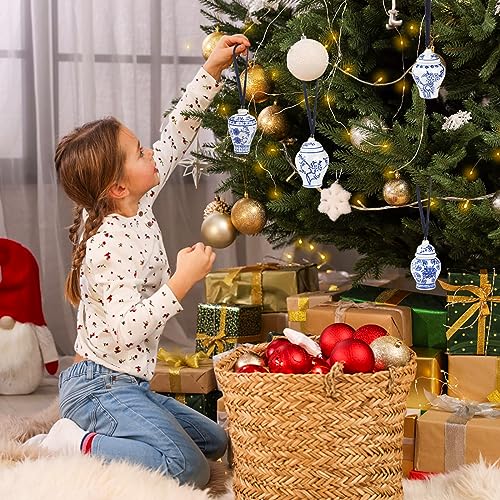 Image of Goaste 4 Pack Mini Ginger Jar Ornaments, Christmas Hanging Pendant, Chinoiserie Ceramic Hanging Ornaments, Blue and White Porcelain Christmas's Tree Decor for Christmas, Home Decoration