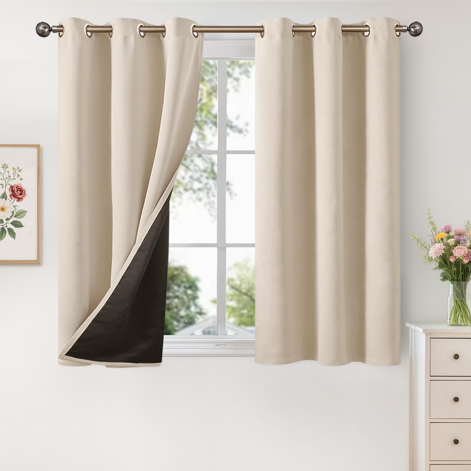 YoungsTex Champagne 100% Blackout Curtains 45 Inch Length, Double Layer Grommet Full Light Blocking Drapes for Bedroom Window Noise Reduce, 2 Panels,