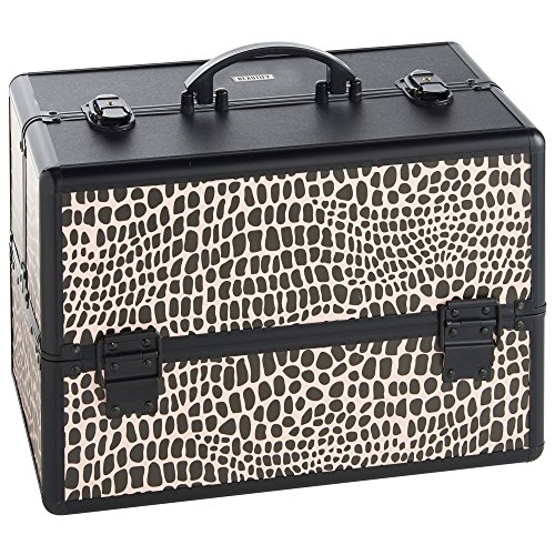 Beautify Large Cosmetic Organizer Case - 14" Professional Aluminum Makeup Storage Box (Black Crocodile Animal Print Beauty Train Case with Lock)
