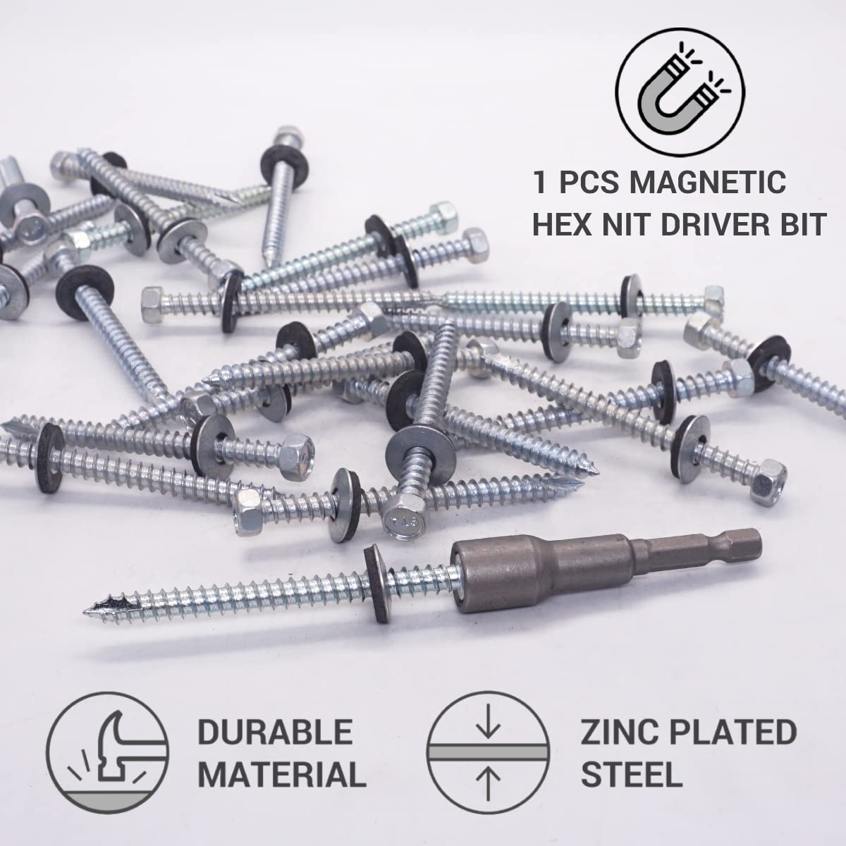 SKIR'CO Tornillos para techos chapados en zinc, 6,5 x 75 mm, tornillos autorroscantes con arandelas EPDM, cabeza hexagonal