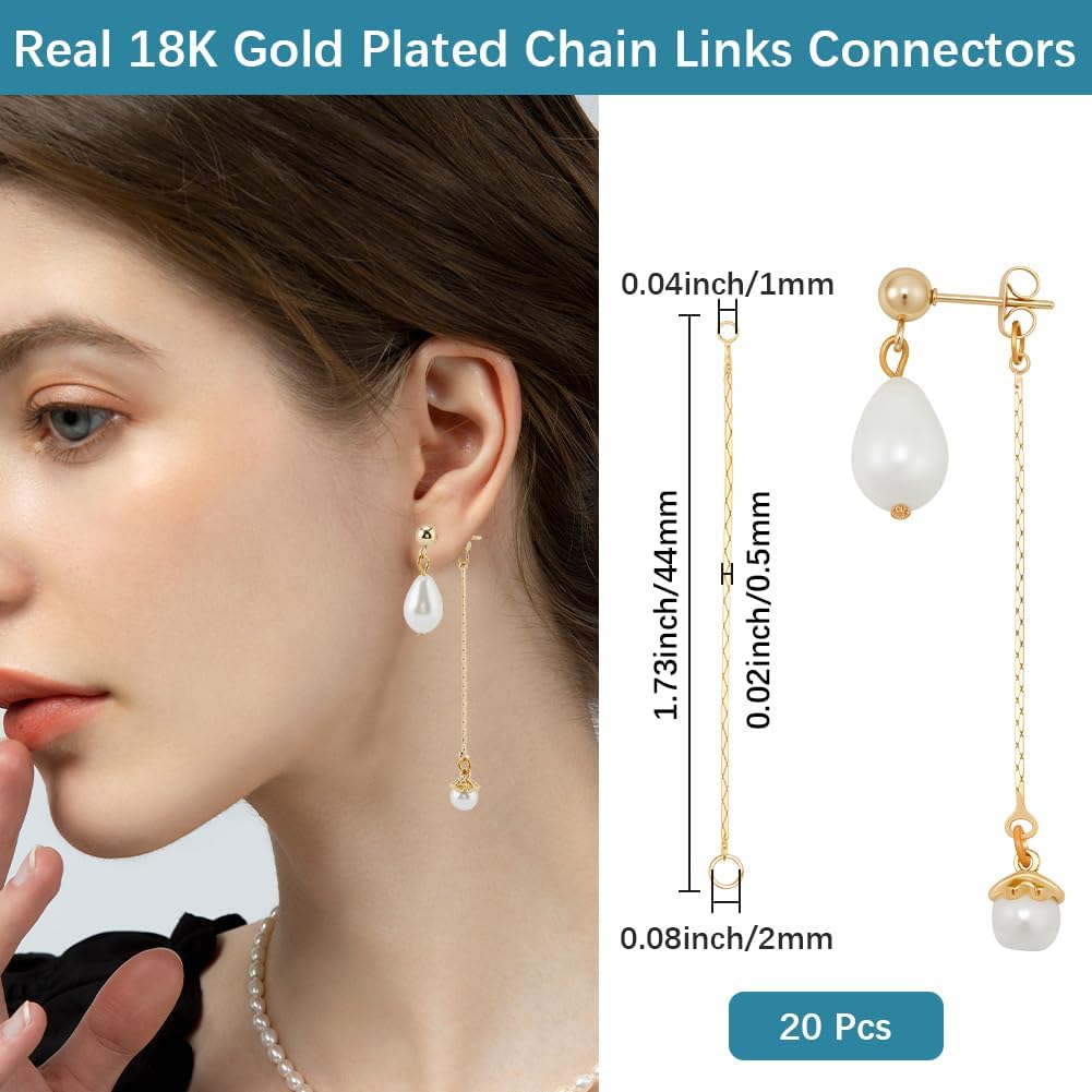 Beebeecraft 1 Box 20Pcs Earrings Connector Chains 1.7 inch Real 18K Gold Plated Brass Convertible Dangle Chain Pendant Charms Link for Double Piercings DIY Jewelry Making Earrings Fish Hook Extension