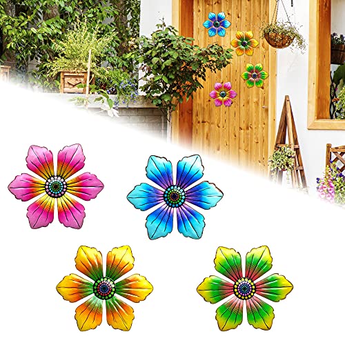 PEALOVCOM 4 Piezas Decoraciones de Pared de Flores de Metal Flores de Metal Multicolores para Decorar Pared de Jardín Exterior Decoración de Pared para Terraza Patio Balcón Salón,18 x 18 cm