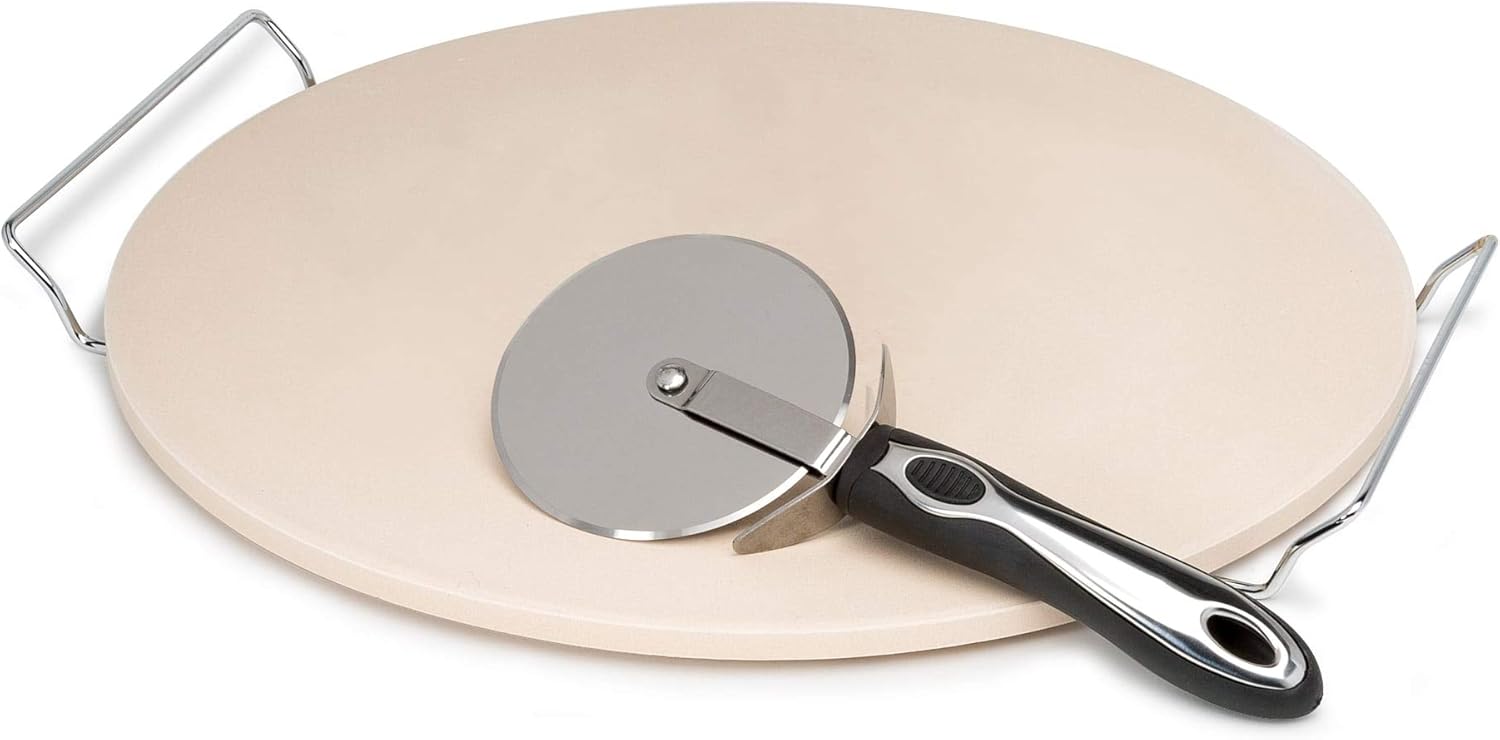 Laroma Pizza Baking Stone Set, 15-Inch - Includes Serving Rack, Pizza Cutter, Recipe Booklet