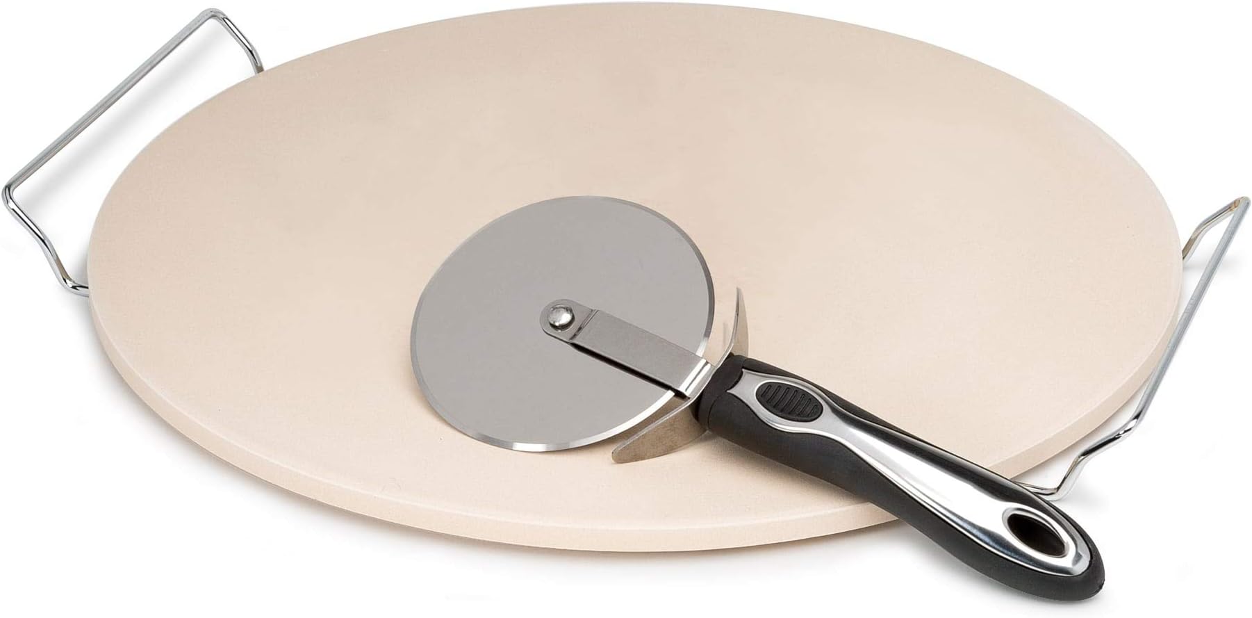 LaromaBaking Stone Set, 15-Inch Includes Serving Rack and Pizza Cutter Wheel, 15 Inches, Beige