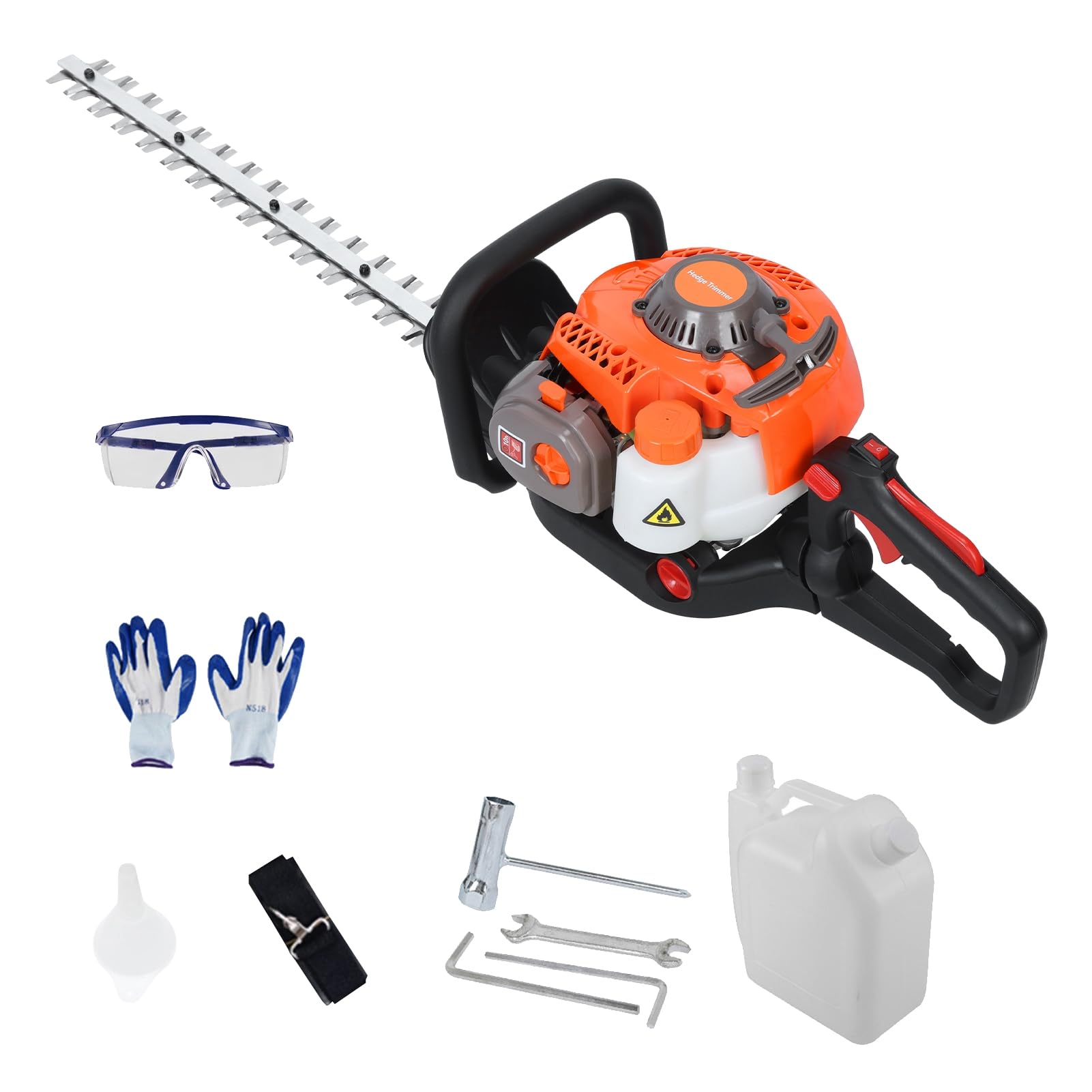 Cortasetos a Gasolina 26cc con Cuchilla Doble de 60 cm, Modelo Ligero de Metal con Mango Ergonómico, Eje Desmontable para Setos, Arbustos, Maleza y Jardines Exteriores y Huertos Naranja